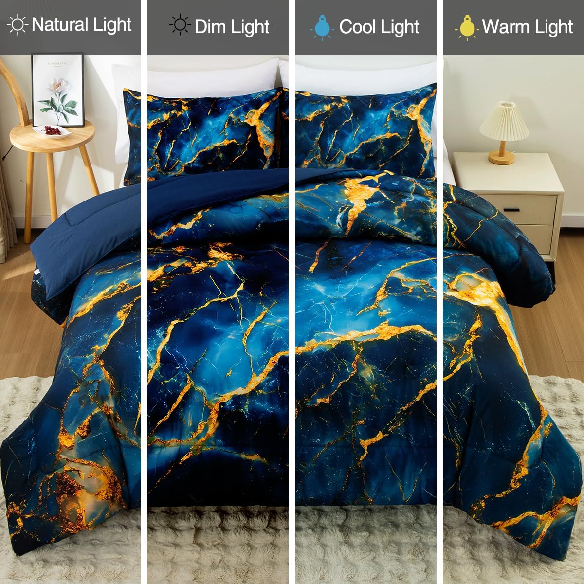 Holawakaka Dark Blue Gold Marble Bedding Comforter Set Queen Size Marbled Bed Sets (Dark Blue Gold, Queen) - Image 7