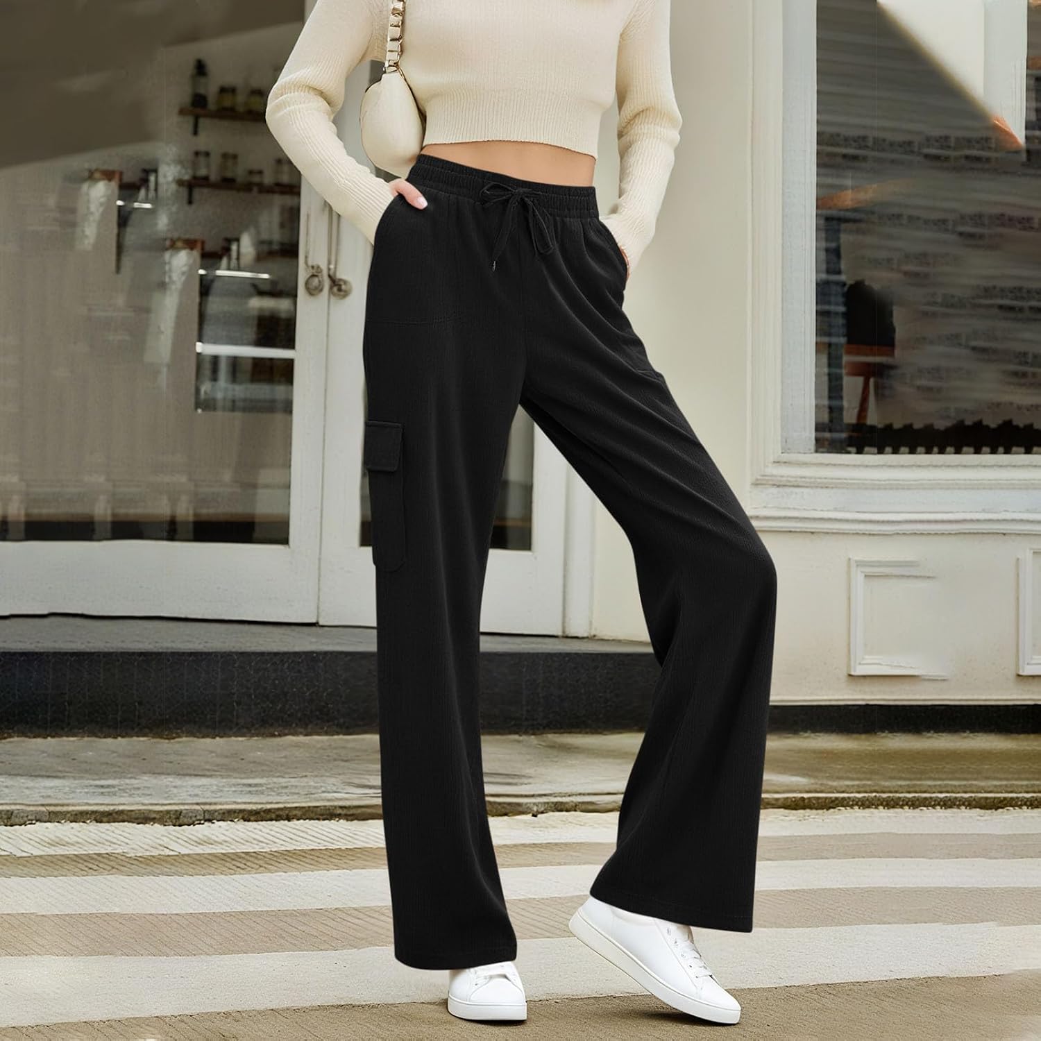 Corduroy Wide Leg Pants for Women Casual Fall Drawstring High Waist Stretchy Loose Cargo Trousers with Pockets