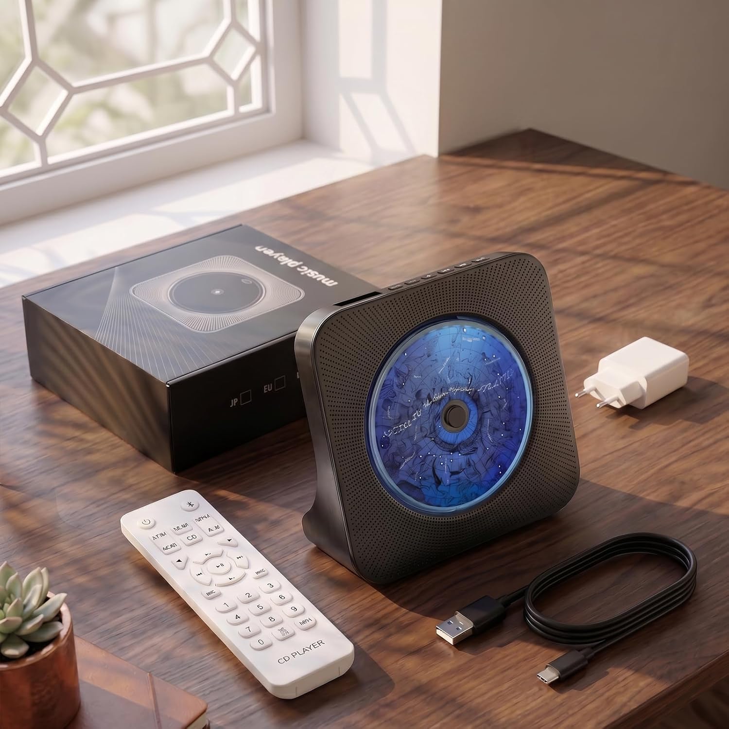 Gueray CD Player Portable Bluetooth Desktop CD Player for Home with Timer Built-in HiFi Speakers with LCD Screen Display Boombox FM Radio USB Type-c (Light Black)