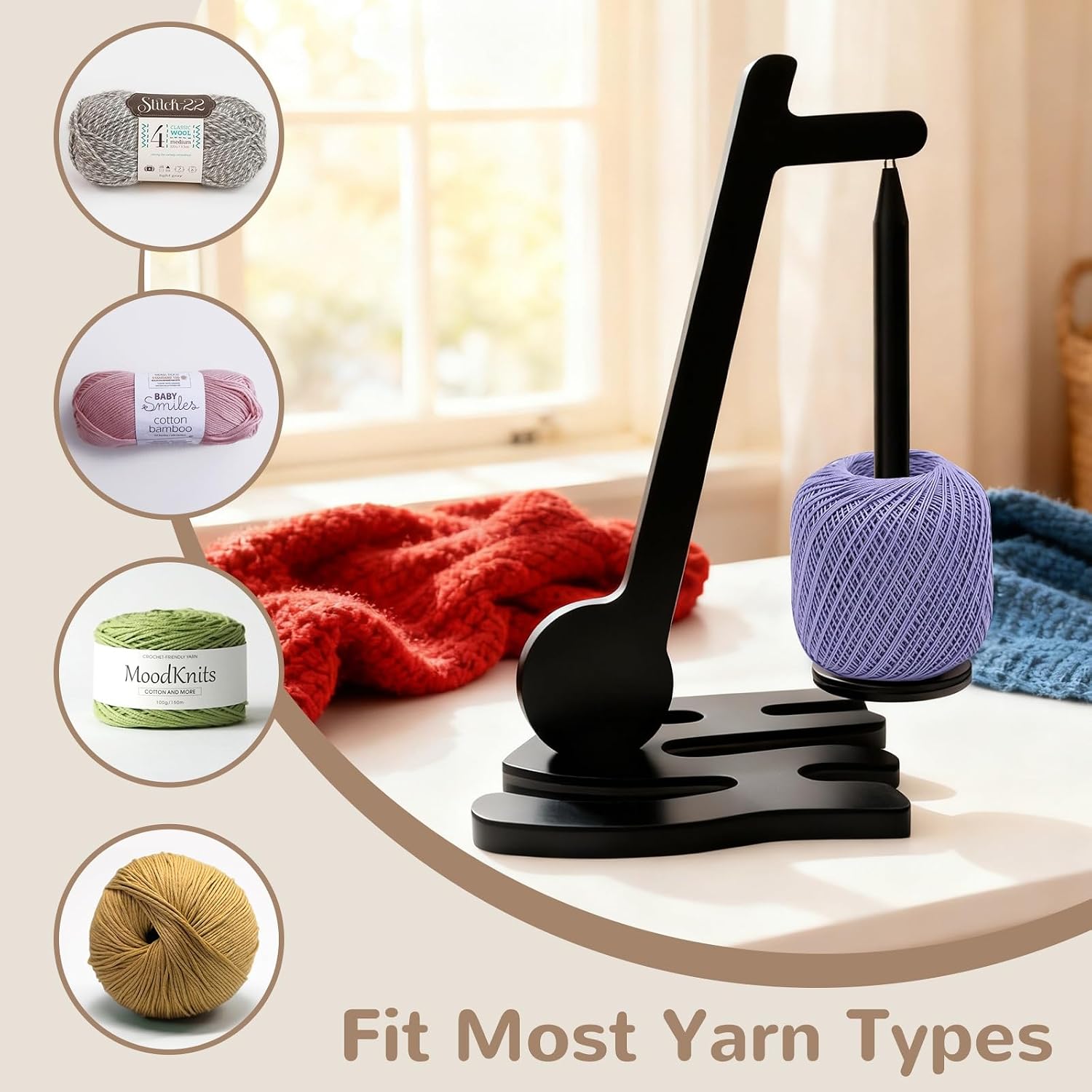 Yarn Holder for Crocheting - Wooden Magnetic Yarn Holder Spinner for Knitting - Unique Gifts for Mother Day Crochet Lovers, Music Lovers, Christmas, Birthday - Black