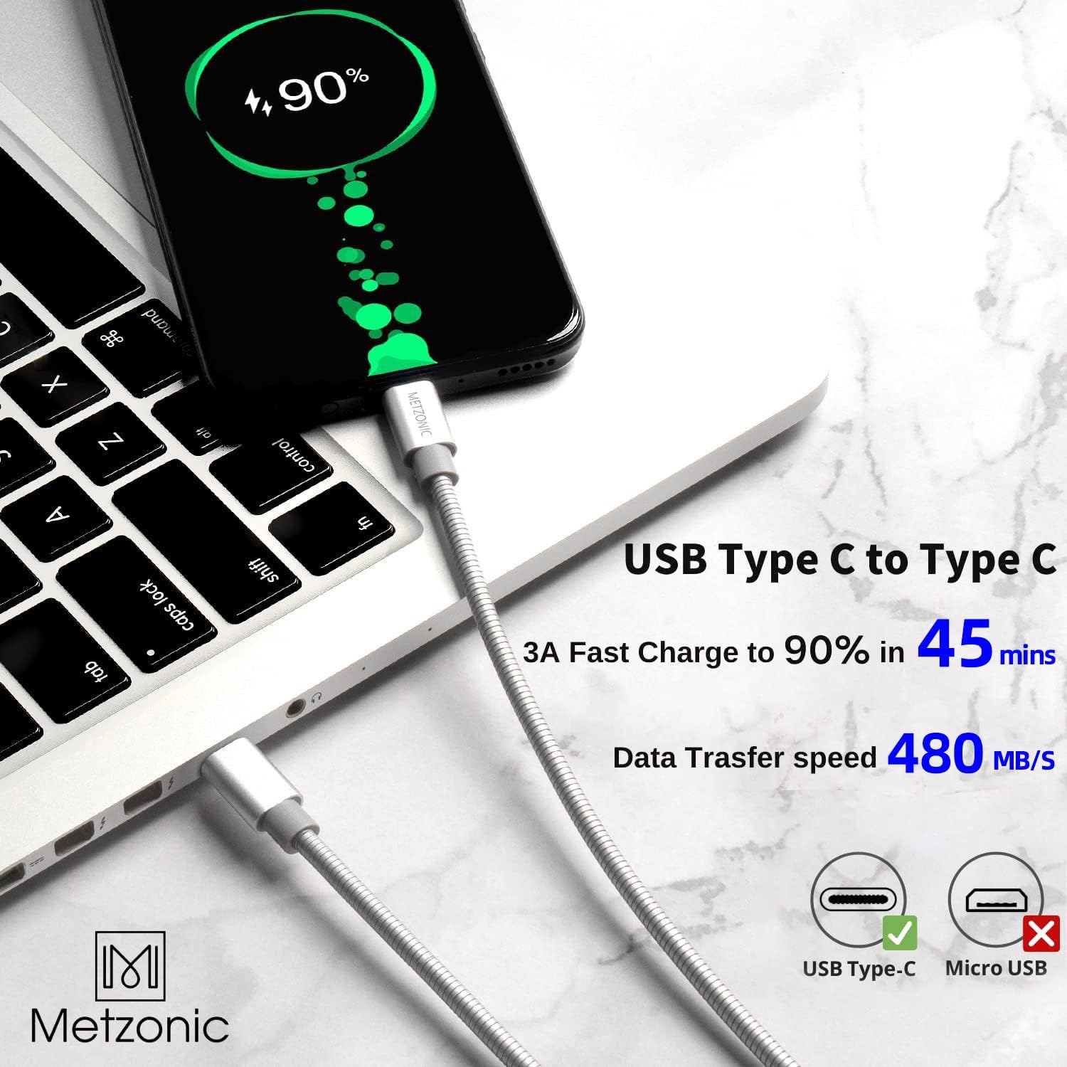 Cavo da USB C a USB C, confezione da 2 cavi di ricarica da 0,9 m in metallo intrecciato tipo C, 60 W, ricarica rapida per iPhone 17/16/15, MacBook, iPad, Galaxy e altri (argento, 0,9 m