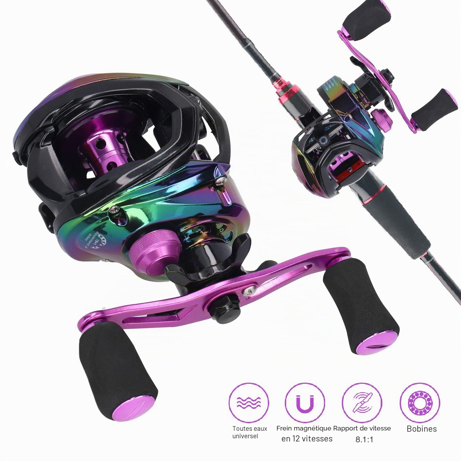 Moulinet de pêche Baitcasting 8.1: 1 Moulinet de pêche à Rapport Haute Vitesse Roue de pêche en métal léger pour Eau salée d'eau Douce