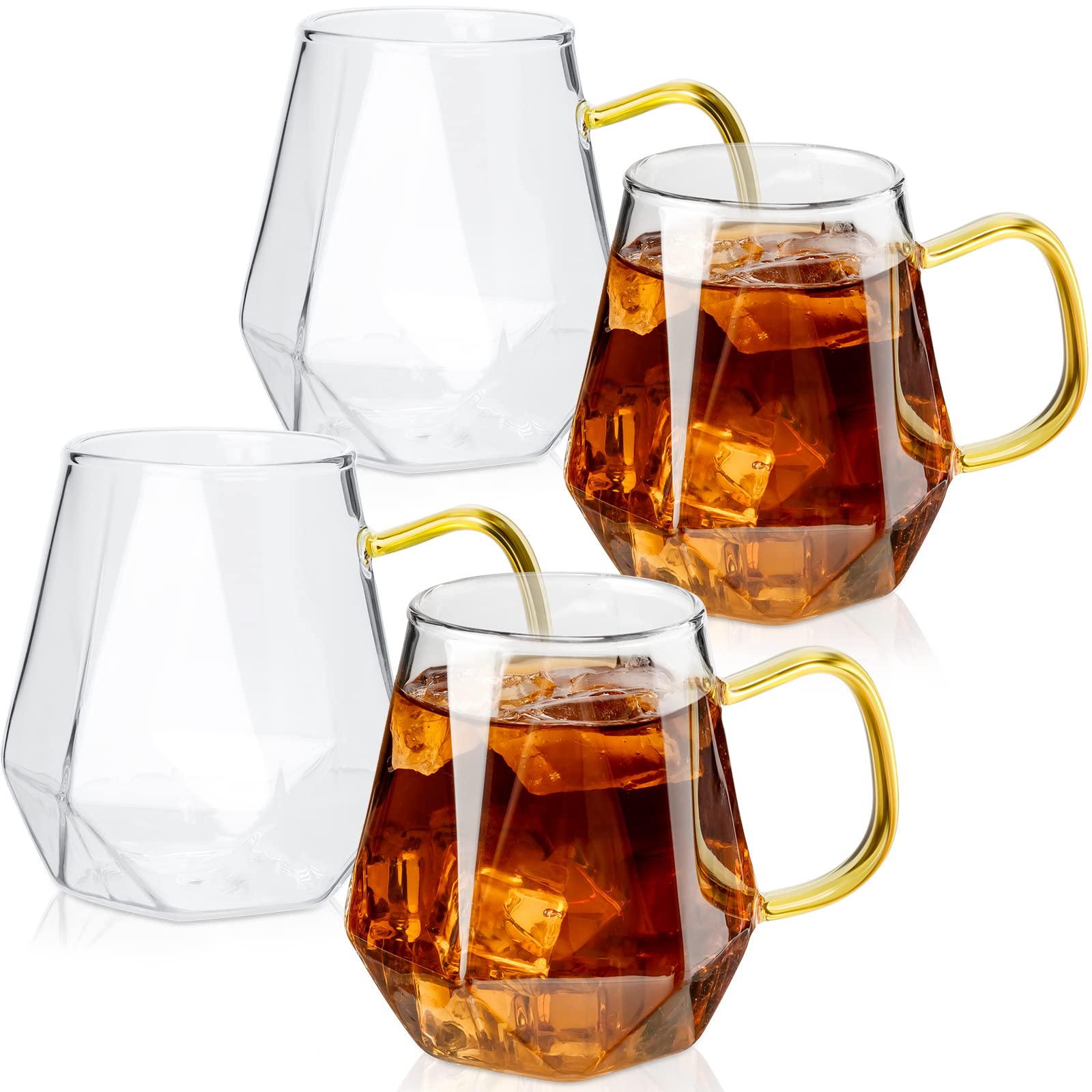 Photo 1 of 4 Pieces Glass Coffee Cups with Handle, 10 oz Crystal Clear Coffee Mugs for Hot Espresso Liquor, Microwave Safe Tea Cups Glass Set Gift, Diamond Design