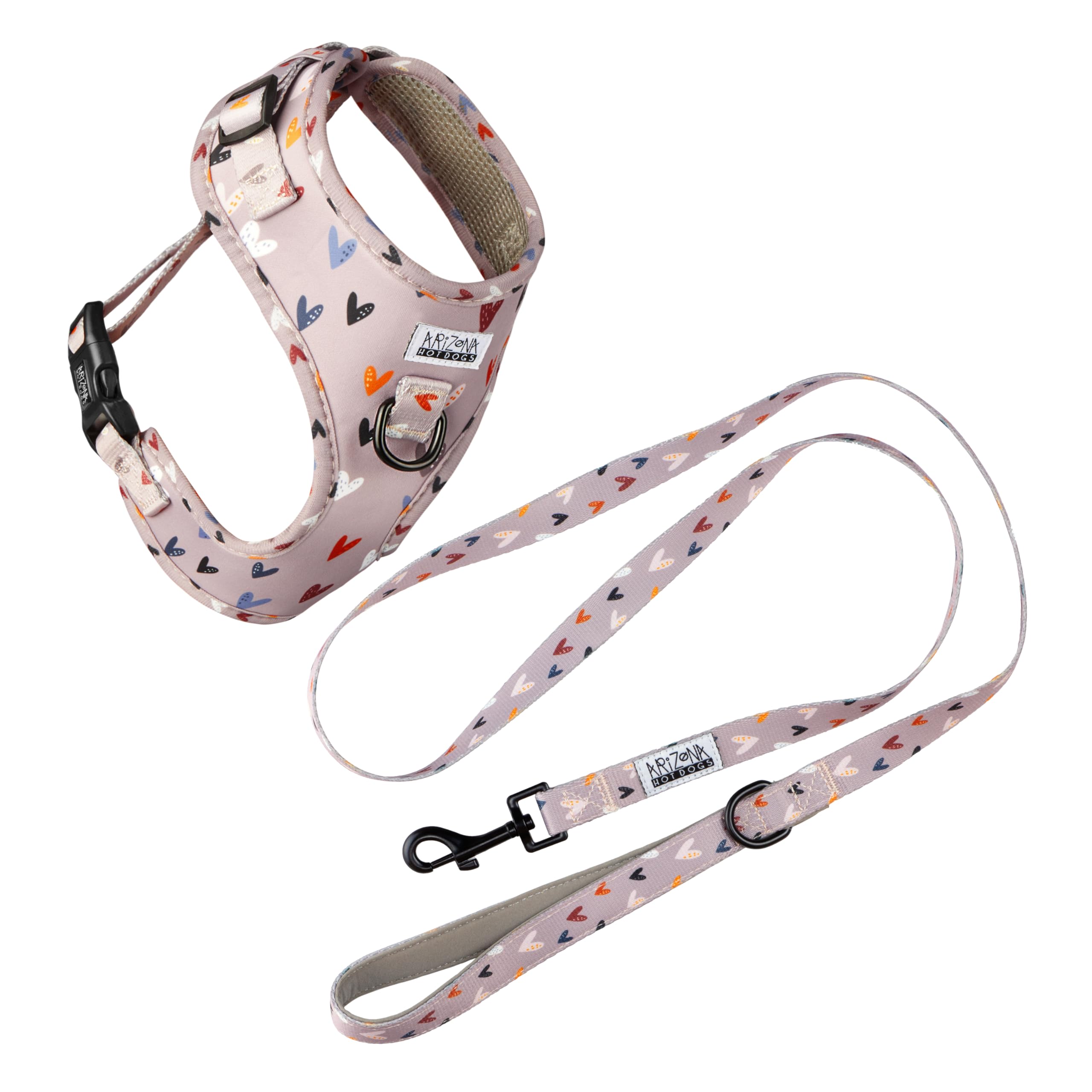 Hundegeschirr mit Leine für kleine Hunde | Arizona Hotdogs Softgeschirr Sweet Love | Leine Nylon 1,5m | Herzmuster | (XXS)