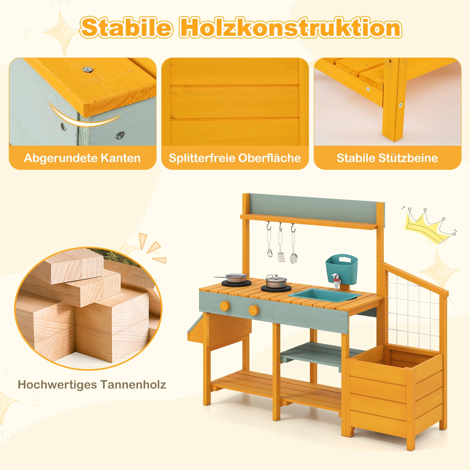 COSTWAY Matschküche Kinder Outdoor, Kinderküche mit Pflanzkasten & Rankgitter, Holzküche mit Wasserfunktion, Garten Spielküche, Outdoorküche inkl. Zubehör für Kinder ab 3 Jahren (Gelb + Hellgrün)