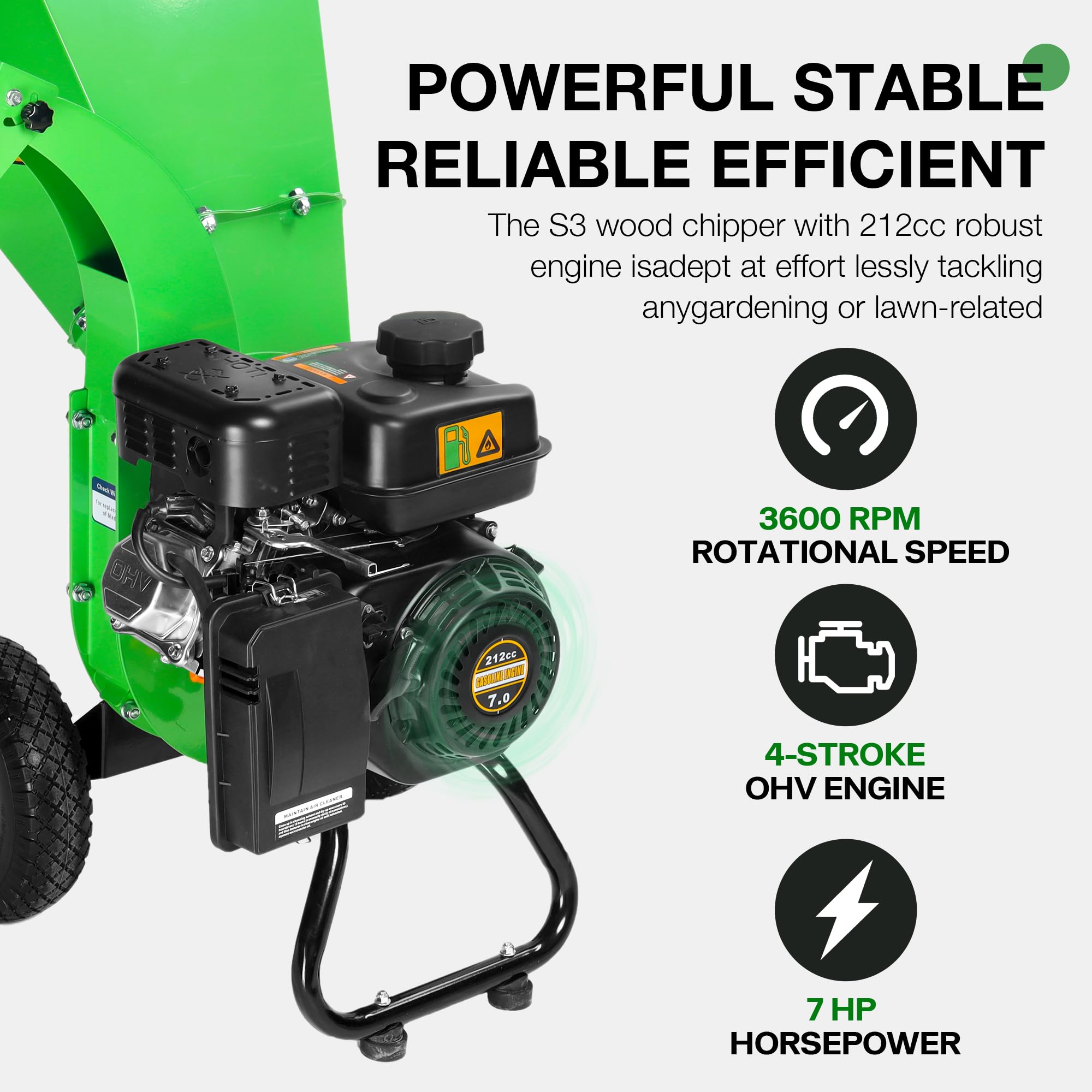 S3 Benzin Häcksler 7 PS 212 CCM 4-Takt Benzinmotor 76 mm Aststärke Gartenhäcksler