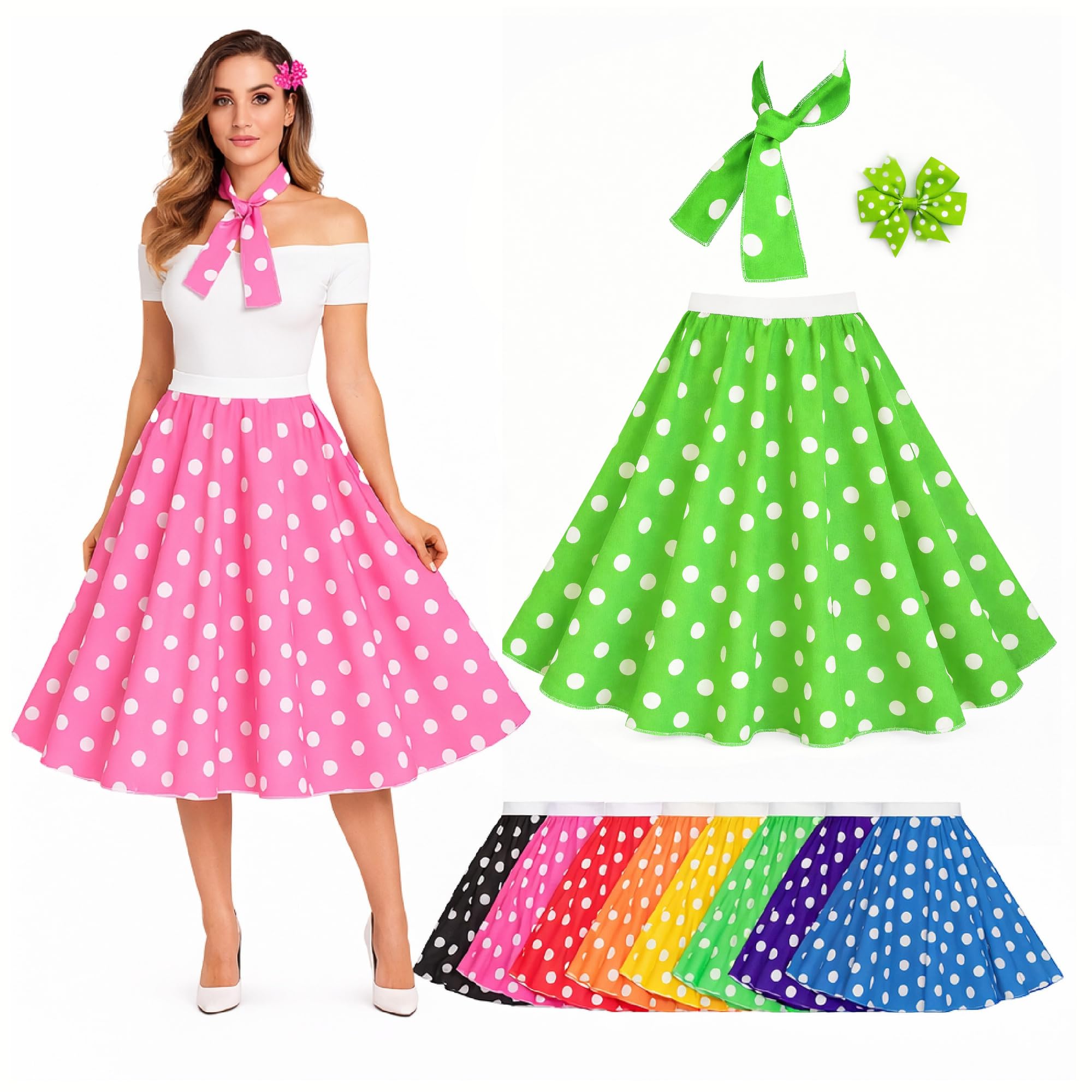 Polka Dot Rock n Roll Skirt 50s Fancy Dress Costume Skirt with Necktie and Hairbow (UK, Alpha, XL, XXL, Regular, Regular, Green and White)