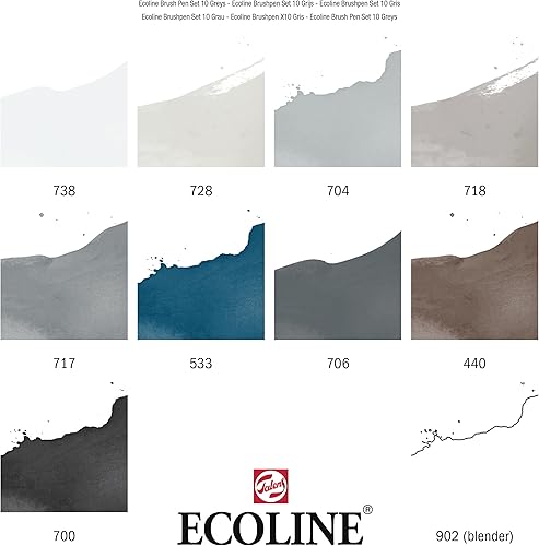 Miniatura 2 de Ecoline Juego de 10 bolígrafos de acuarela líquida, tonos grises, marcadores de pincel mezclables para letras a mano, dibujo y manualidades