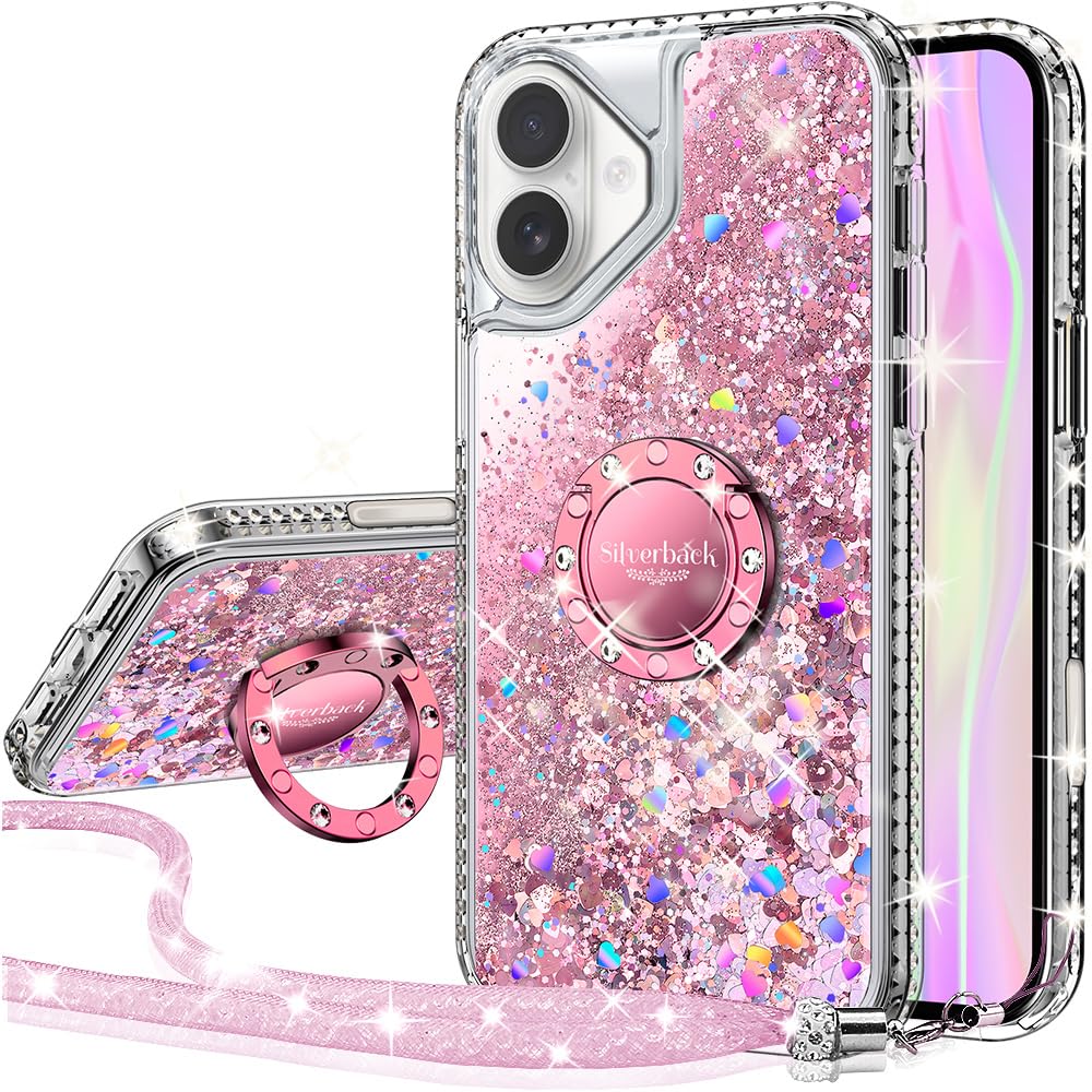 Silverback for iPhone 16 Plus Case, Moving Liquid Holographic Sparkle Glitter Case with Kickstand, Girls Women Bling Diamond Ring Protective Case for