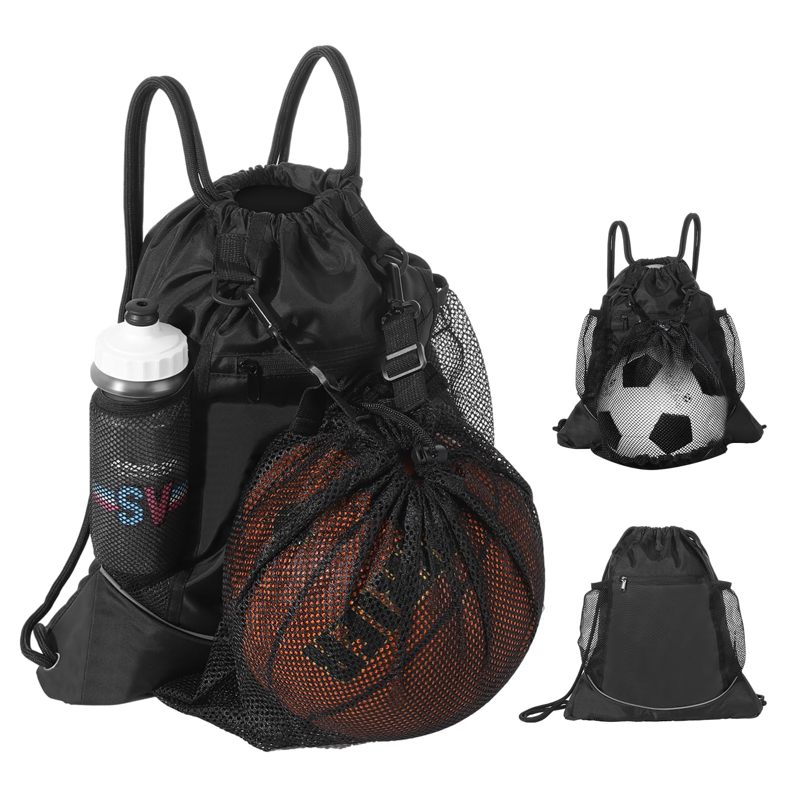 MoKo Drawstring Basketball Backpack, Sports Gym Bag Soccer Backpack with Two Water Bottle Holder, Foldable Mesh Ball Bag Portable Basketball Bag for
