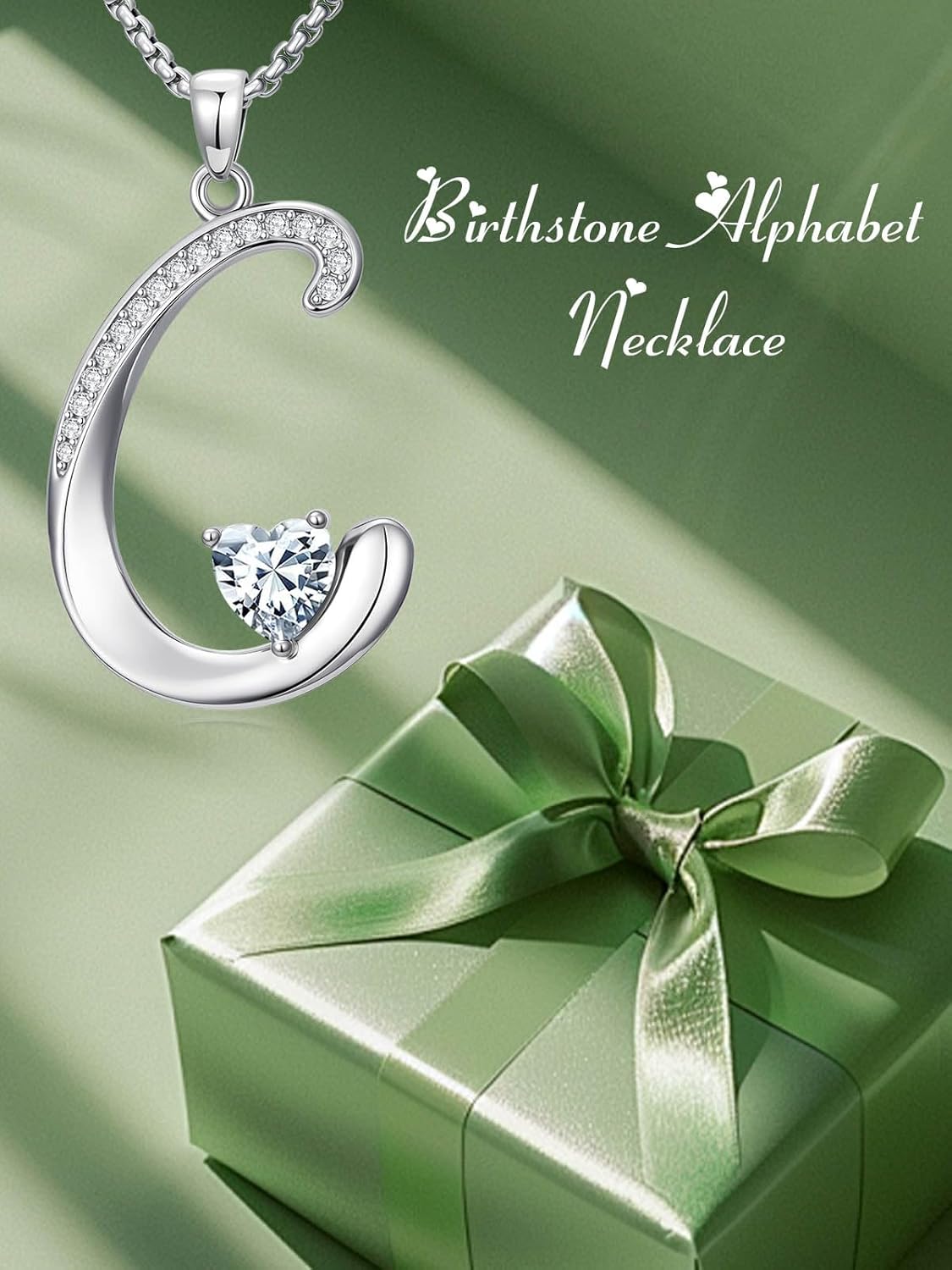 Valentines Day Gifts for Her Alphabet A to Z Initial Birthstone Pendant Necklaces for Women - 18k White Gold Plated Personalized Name Jewelry Valentine Mothers Day Birthday Gifts for Women Her Girlfriend(with Gift Box) - Image 2