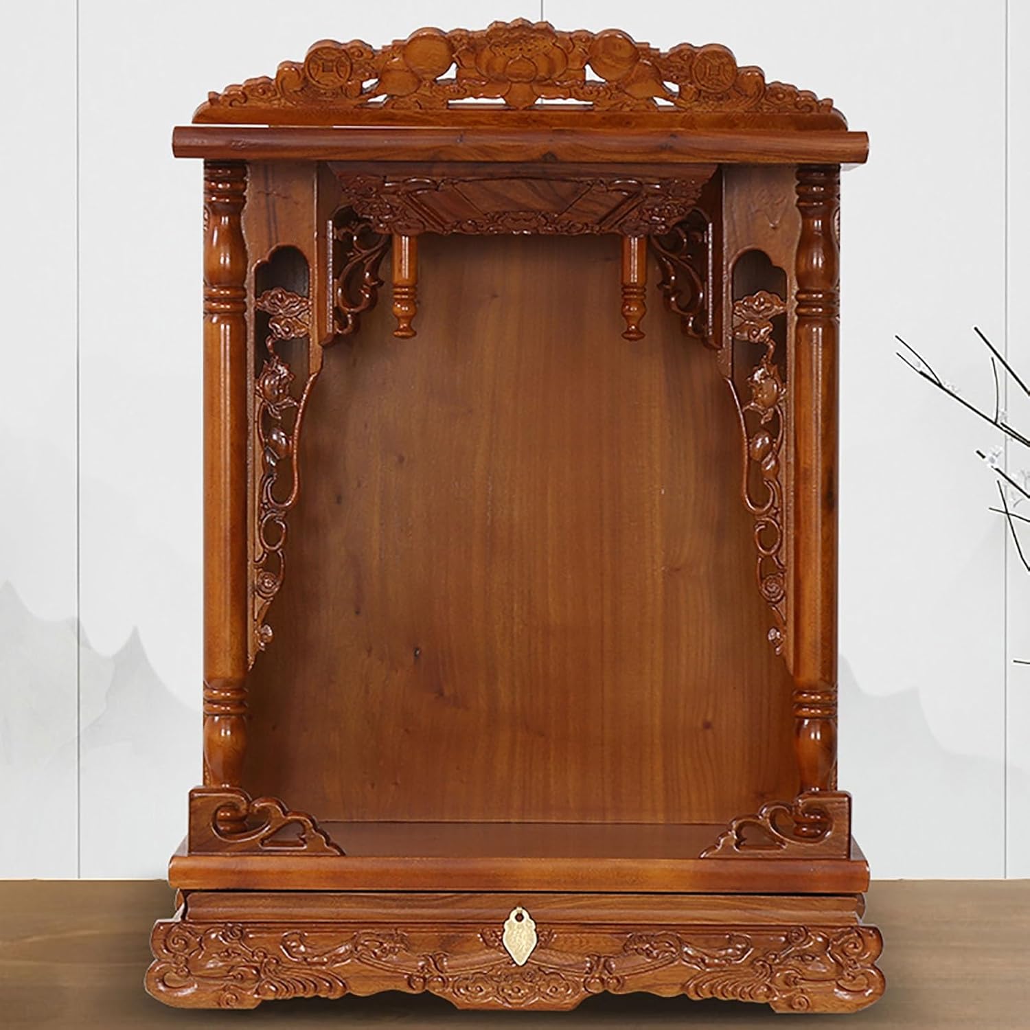 Wall-Mounted Solid Wood Personal Altar Cabinet with Pull-Out Stool for Buddha Prayer and Offerings - Elegant Home Shrine for Meditation and Spiritual Practices