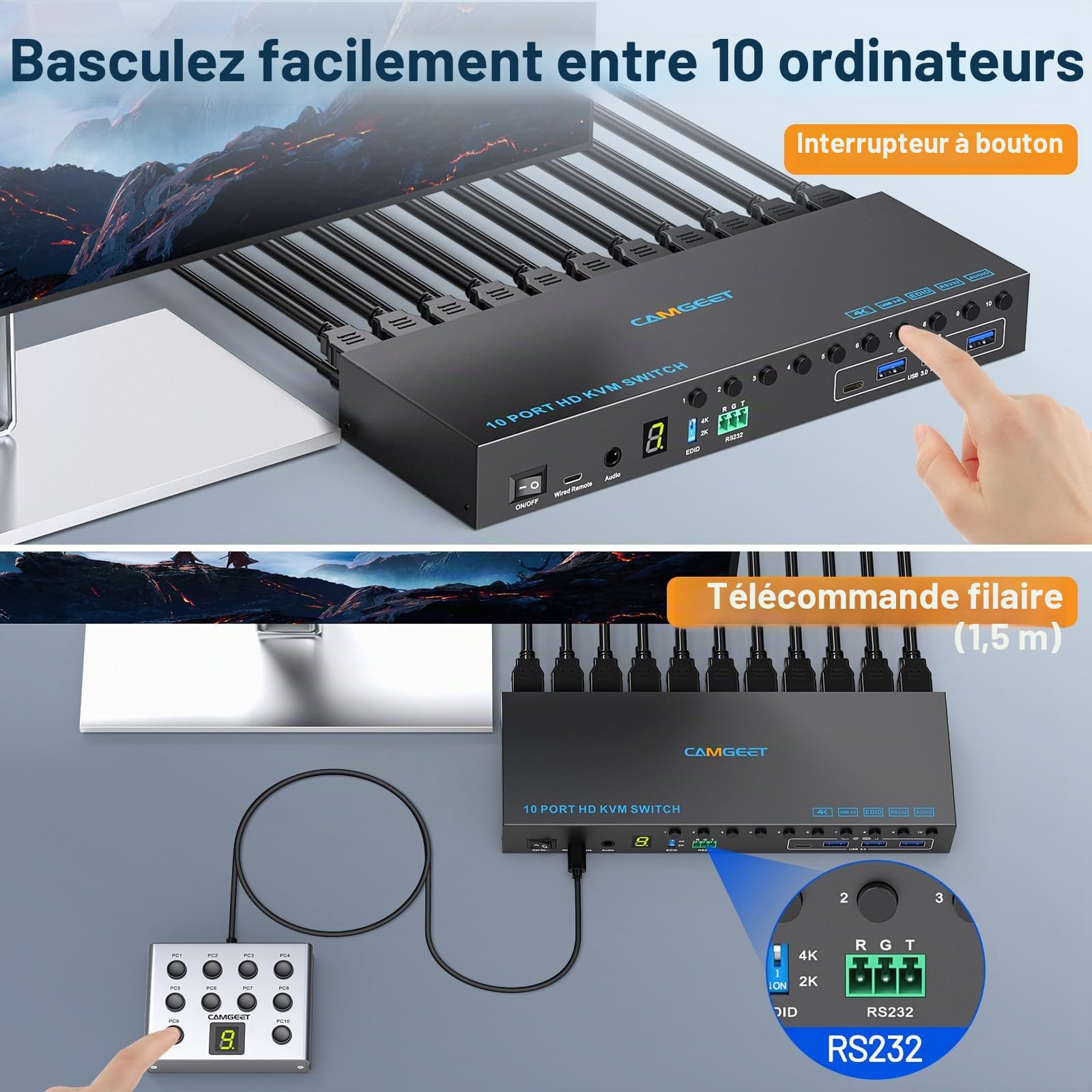 10 PC 8 PC KVM Switch HDMI 4K@60Hz EDID Analogique, 10 Port Commutateur KVM HDMI USB 3.0 pour 10 PC Partager 4 Périphériques USB et 1 Moniteur, Audio, RS232,Avec câble USB 10,Contrôleur de Bureauet