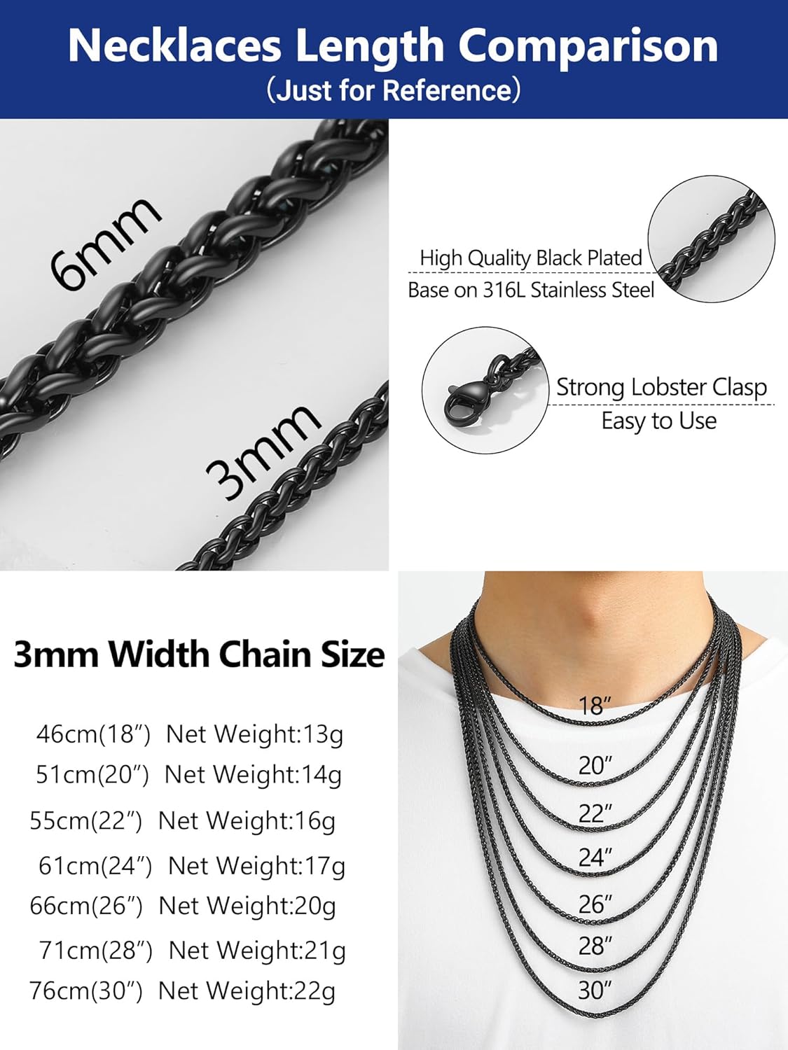 PROSTEEL 3mm/6mm Rope Chain Necklace for Men, Black/Gold Plated Mens Chain Necklace, Stainless Steel Necklace Chain for Men Women, 18"-30", Come with Box - Image 4