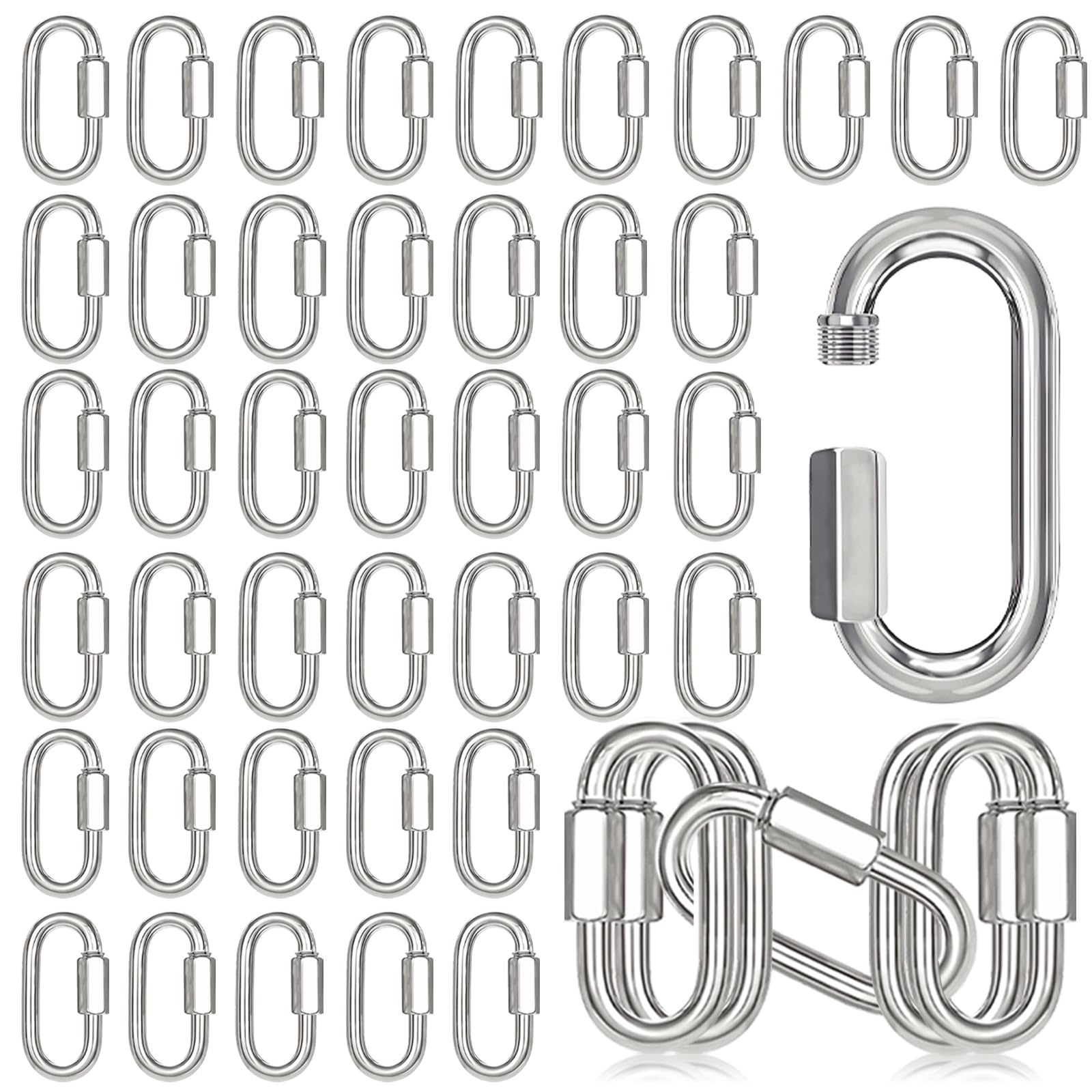 50PCS 2 Inches Chain Quick Links, M5 Galvanized Steel Thread Heavy Duty Carabiner Clips, 3/16" Locking Carabiners Connectors for Hammock, Camping, Pet