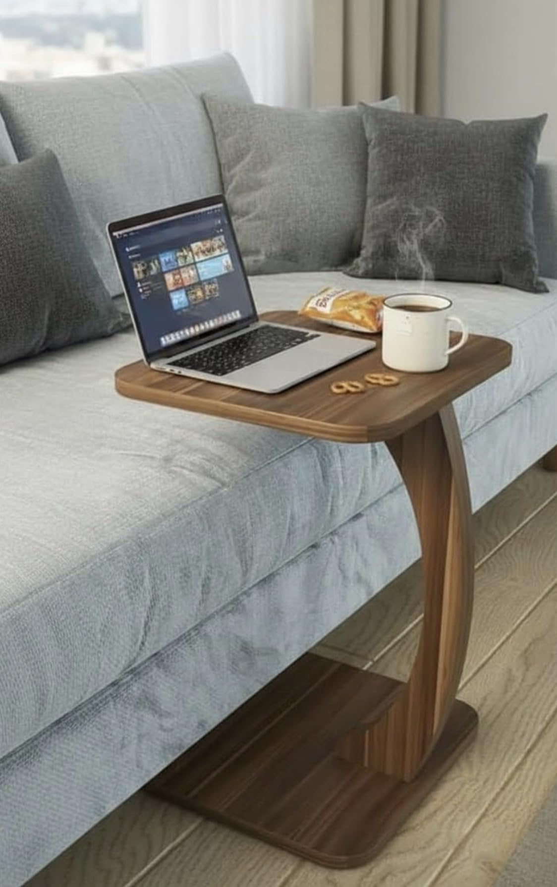C Shaped Wooden Side Table for Living Room | Multipurpose Laptop Table | Space Saving Portable End Table | Modern Furniture for Home & Office Use | Brown-picture-34
