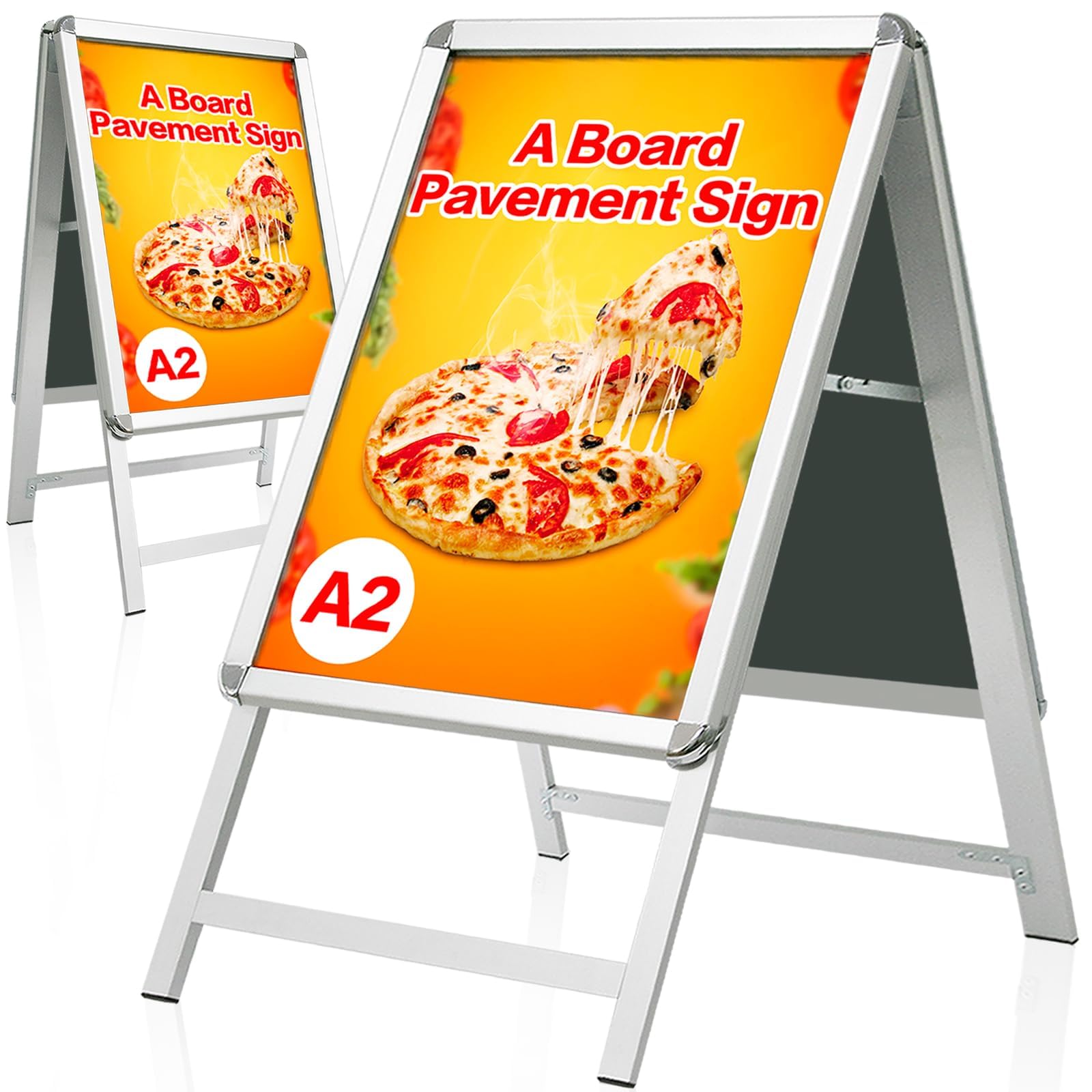 Letrero A2 A-Board Pavement, Caballete Publicitario Exterior, Tablero de póster de doble cara con marco de aluminio para soporte de exhibición, plateado