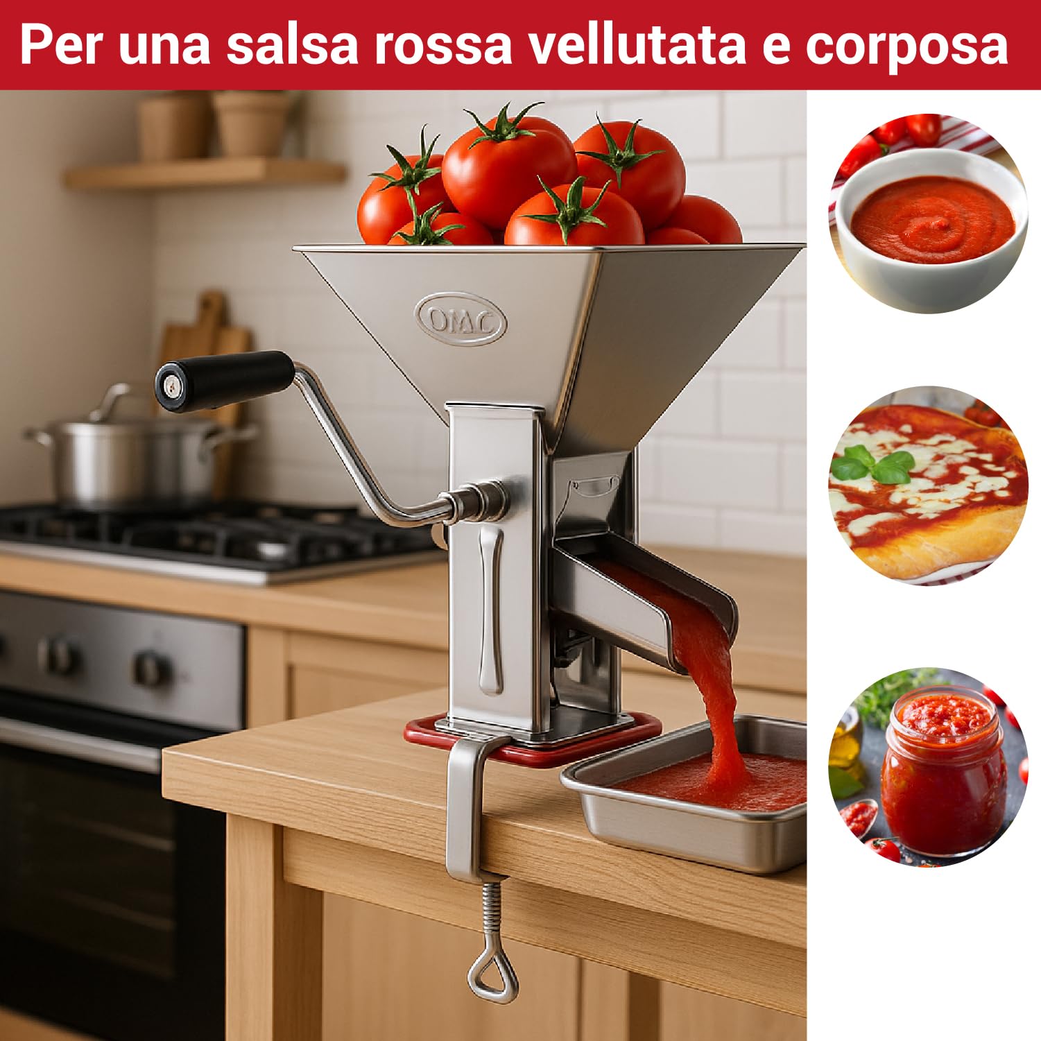 Crisalide® - Passapomodoro Manuale in Acciaio Inox con Guarnizione Salvatavolo in Plastica e Morsetto di Fissaggio, Dimensioni 17 x 22,5 x 30 cm