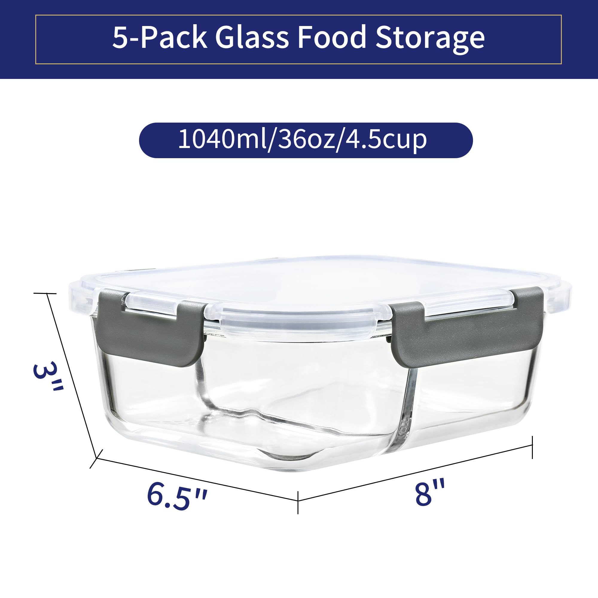 MFY Lot de 5 boîtes de conservation en verre de 36 oz avec couvercle – Lot de 2 compartiments pour la préparation des repas en verre hermétique pour micro-ondes, four, congélateur, gris