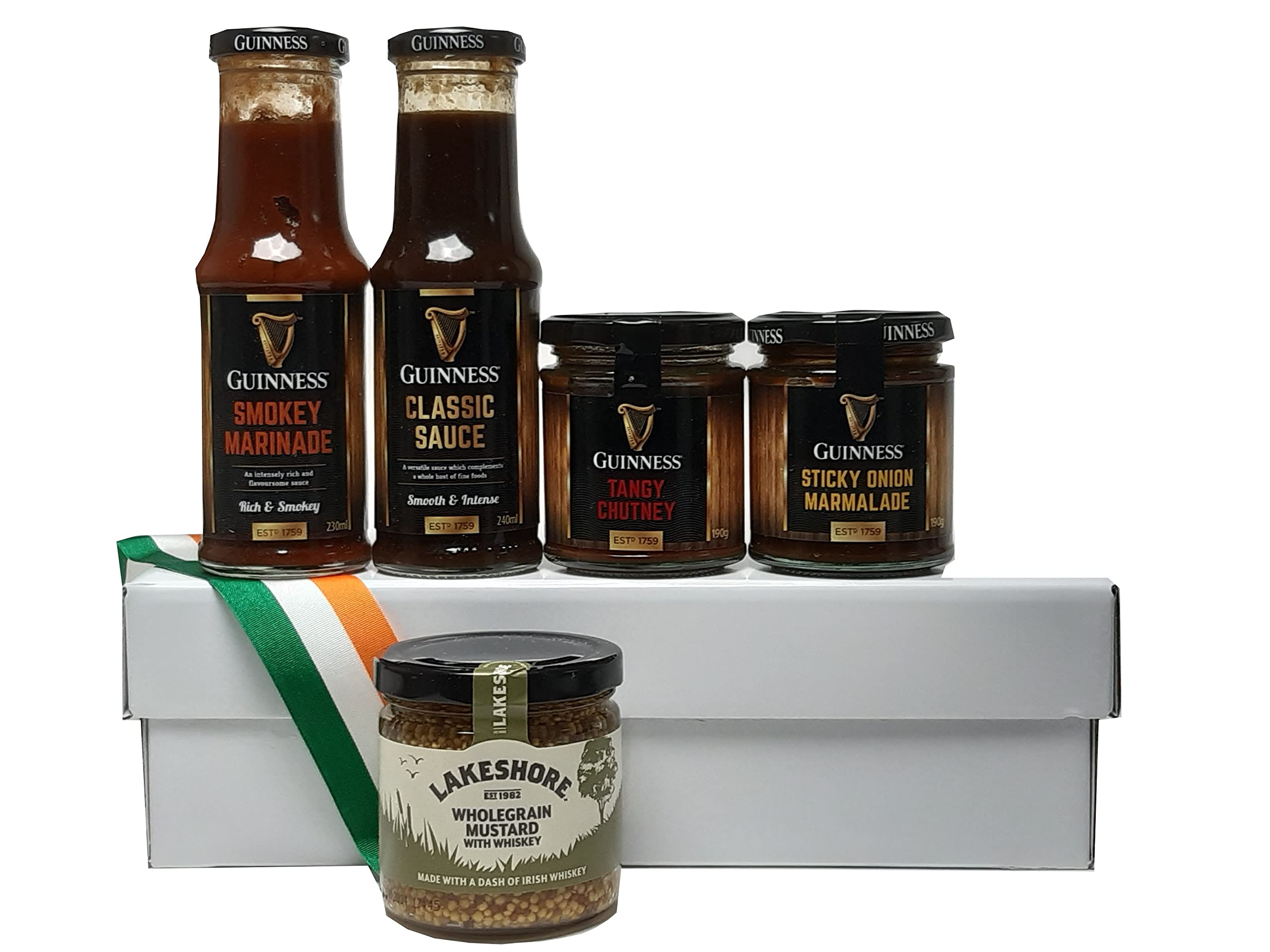 Scatola regalo gourmet irlandese con salsa guinness, marinata e chutney
