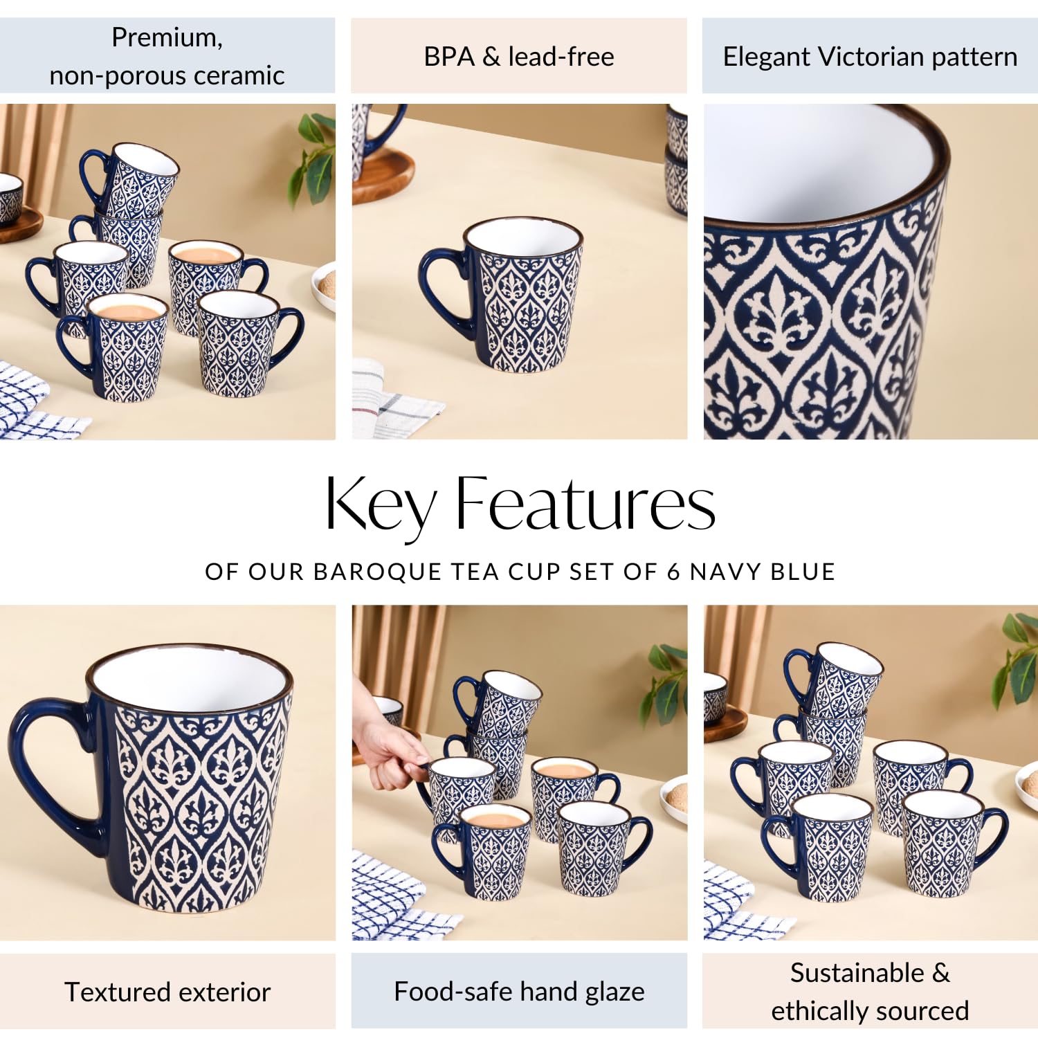 Nestasia Set of 6 Ceramic Tea Cup | Microwave & Dishwasher Safe, Glossy Finish, Perfect for Gifting (Navy Blue, 250ml Each) 1