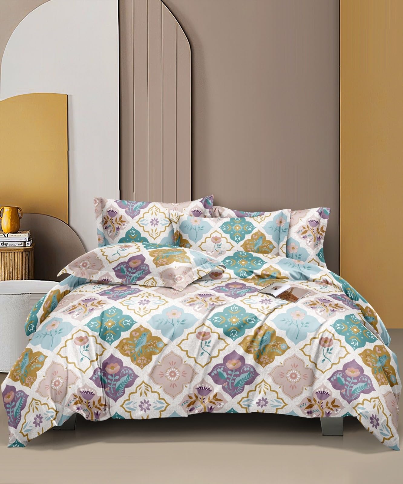 THE HOME STYLE Supersoft Glace Cotton Elastic Fitted All Around King Size Printed Double Bedsheet with 2 Pillow Cover & King Size Comforter/Duvet/Blanket (72"x78" + Comforter, Vanilla Haze)