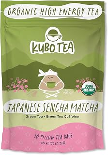 Kubo Tea Japanese Sencha Matcha Tea - Organic High Caffeine Energy Blend w/ Matcha Powder - 20 Pillow Tea Bags (140mg Caffeine each) - Coffee Substitute for Hot & Iced Drinks, Biodegradable & Compostable Packaging