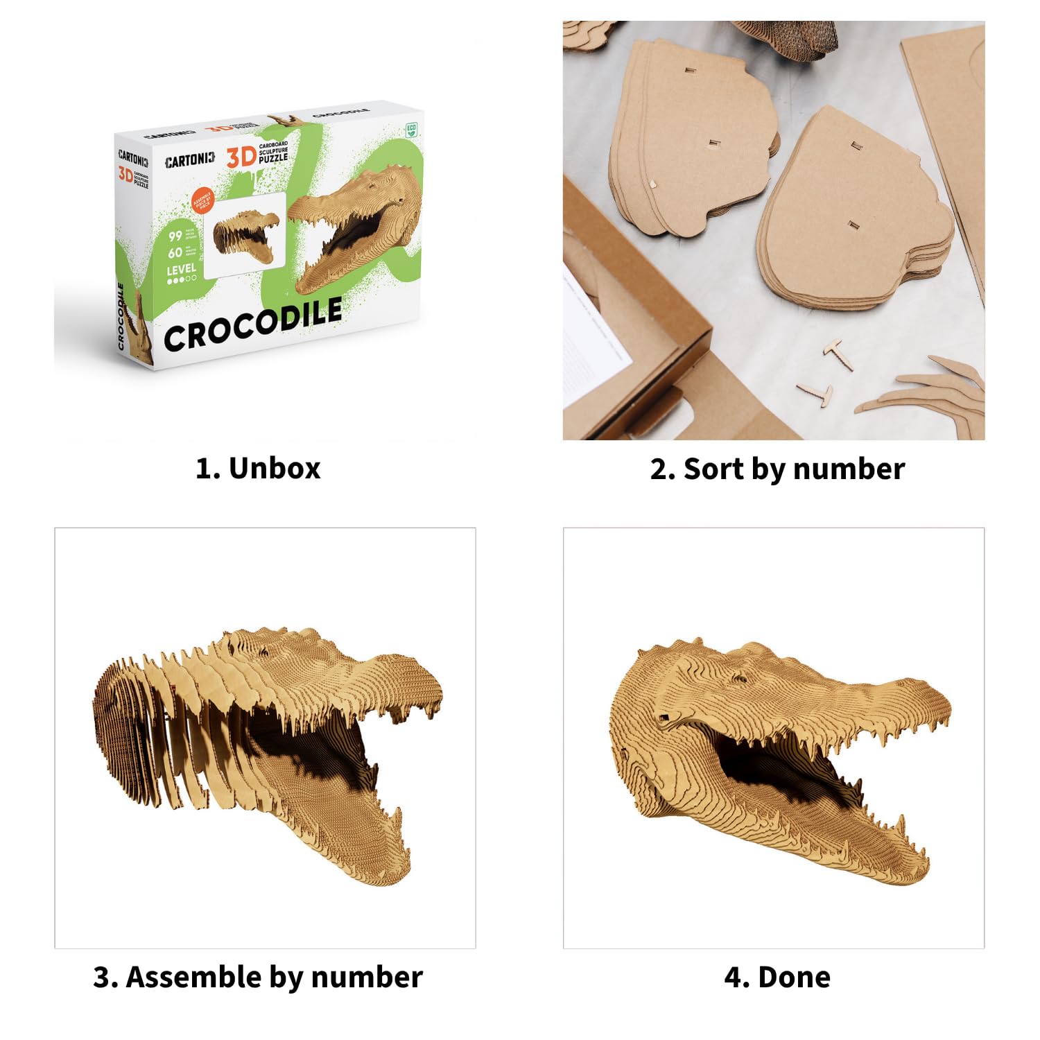 Crocodile Puzzle 3D en Carton – Maquette à Monter | 99 Pièces, 22 × 18 × 14 cm – Kit Sculpture DIY à Peindre, Matériaux Recyclés, Ados & Adultes, Idée Cadeau Déco