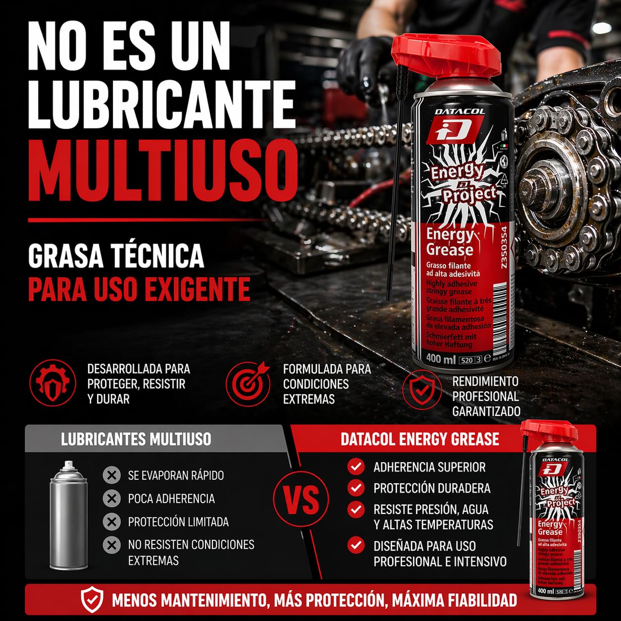Datacol Grasa en spray adhesiva alta temperatura 400 ml, lubricante para cadena, engranajes y maquinaria, alta resistencia y adherencia profesional (4)