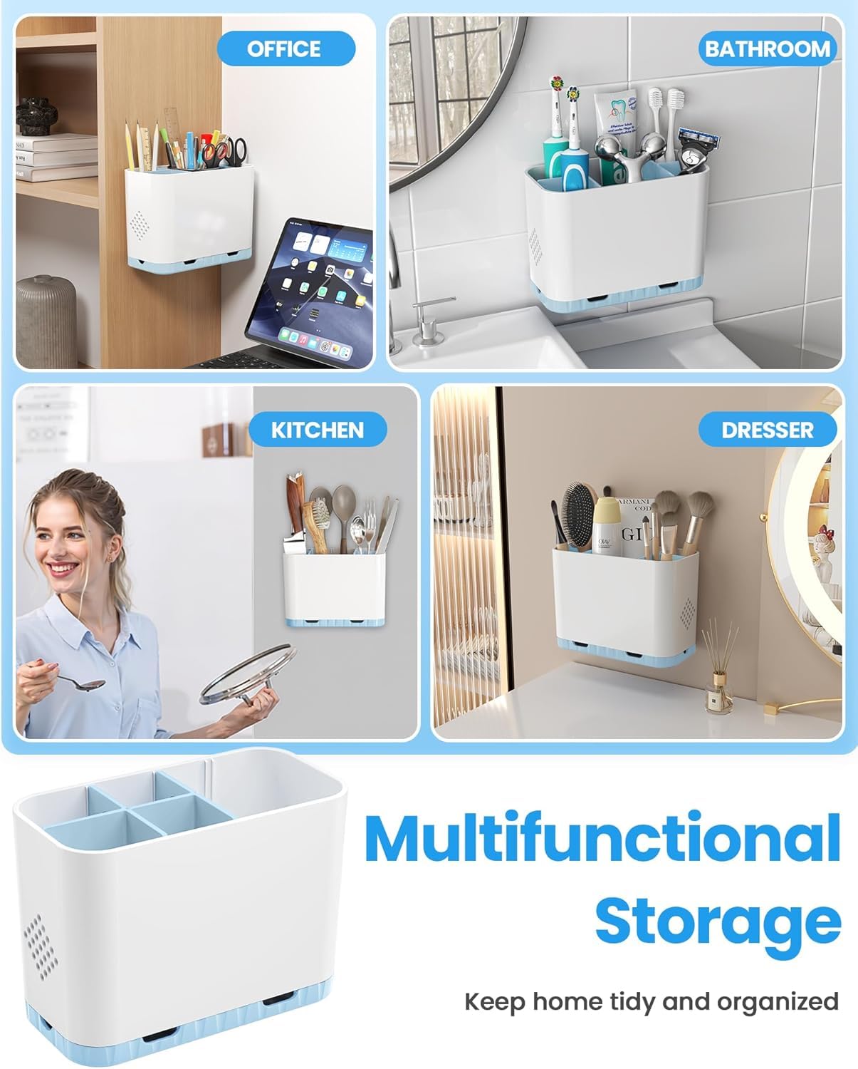 5 Slots Detachable Toothbrush Holder Set - for Bathroom Countertop, White and Blue - Image 8