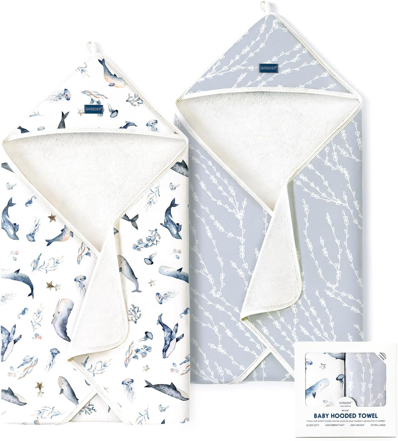 GRSSDER Baby Hooded Towel 2 Pack for Newborn, Super Soft Bath Towels with Original Designs, Ultra Absorbent Knit Terry, Large Toddler Towels with Hood for Boys Girls, Shower Gifts for Infant,34"x 34"