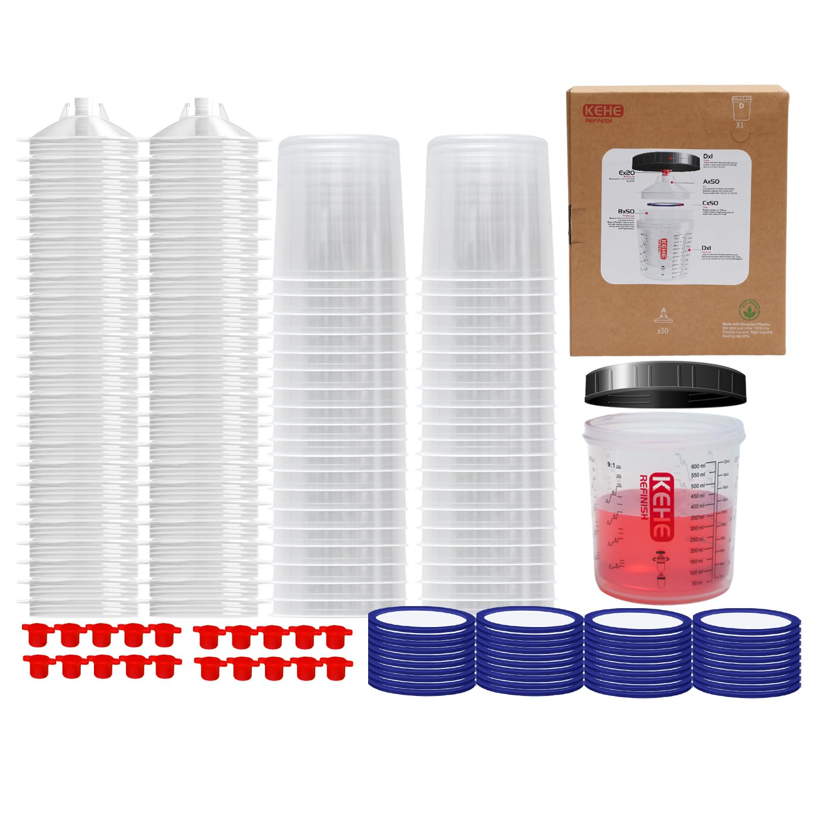 Disposable Easy Paint System(EPS) for Spray Gun,20 Ounce (600ml) Kit with 50 Liners,Lids and Strainer System for LVLP Paint Gun for Automotive,Hangable Divided Easy-Access Organizer Box