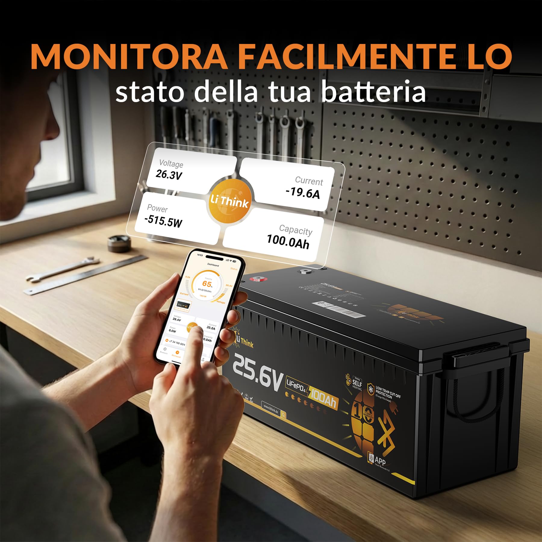 Batería LiFePO4 24V 100Ah Bluetooth, 150A BMS Protección Completa, 2560Wh Energía, Más de 15000 Ciclos y 10 Años de Vida Útil, Batería Solar, Camper, Barca y Sistemas Fuera de Red