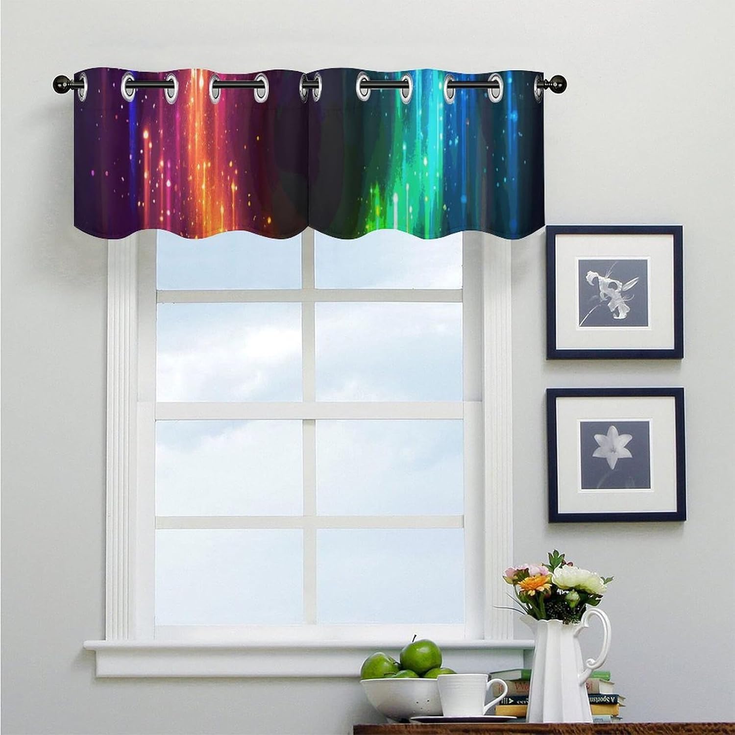 Rainbow Neon Valances for Window 2 Panels. Light Filtering Curtains Farmhouse Short Small Valance.Modern Curtains for Windows Living Room Kitchen Over Sink.