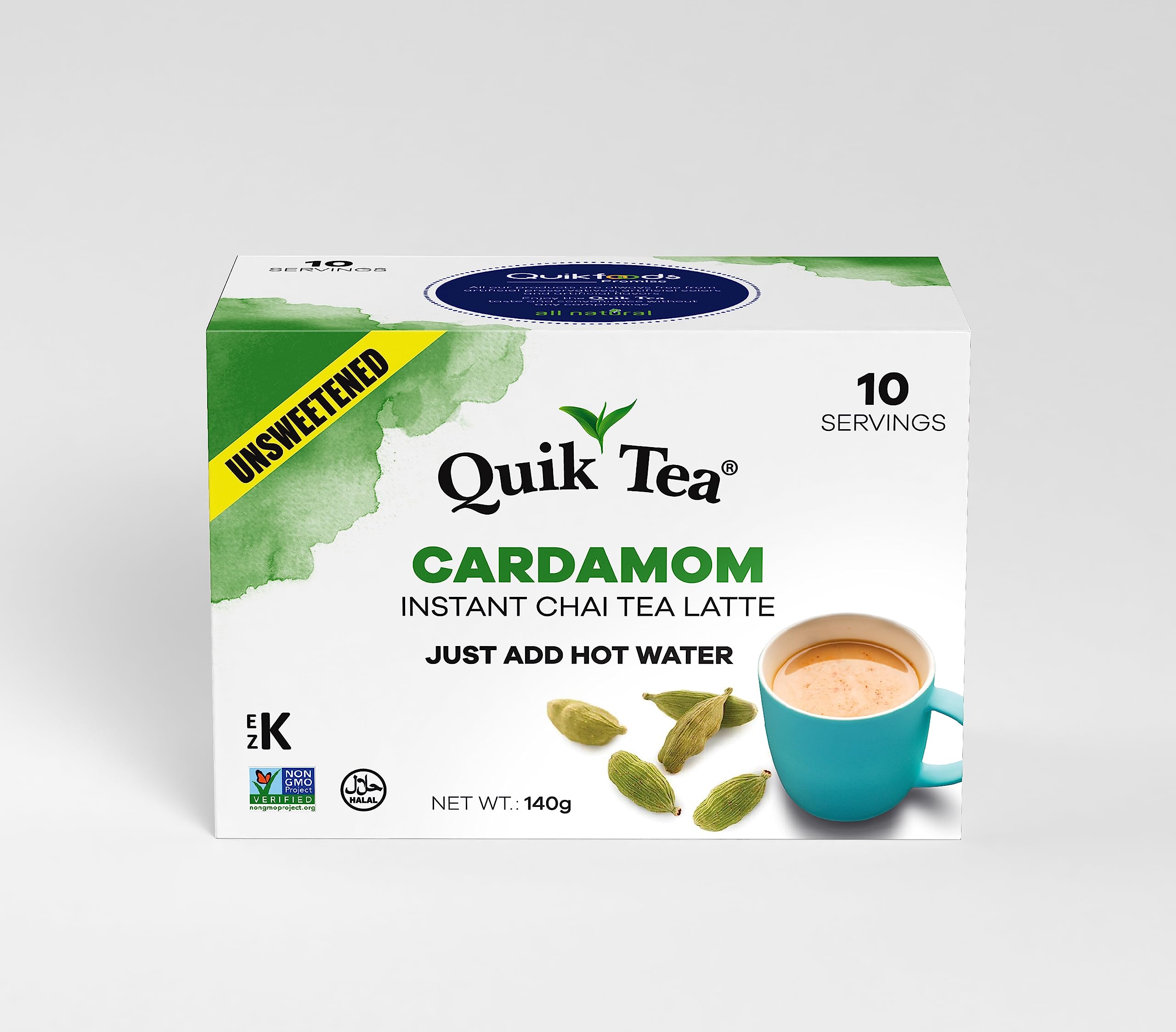 QuikTea Unsweetened Cardamom Chai Tea Latte - 10 Count Single Box