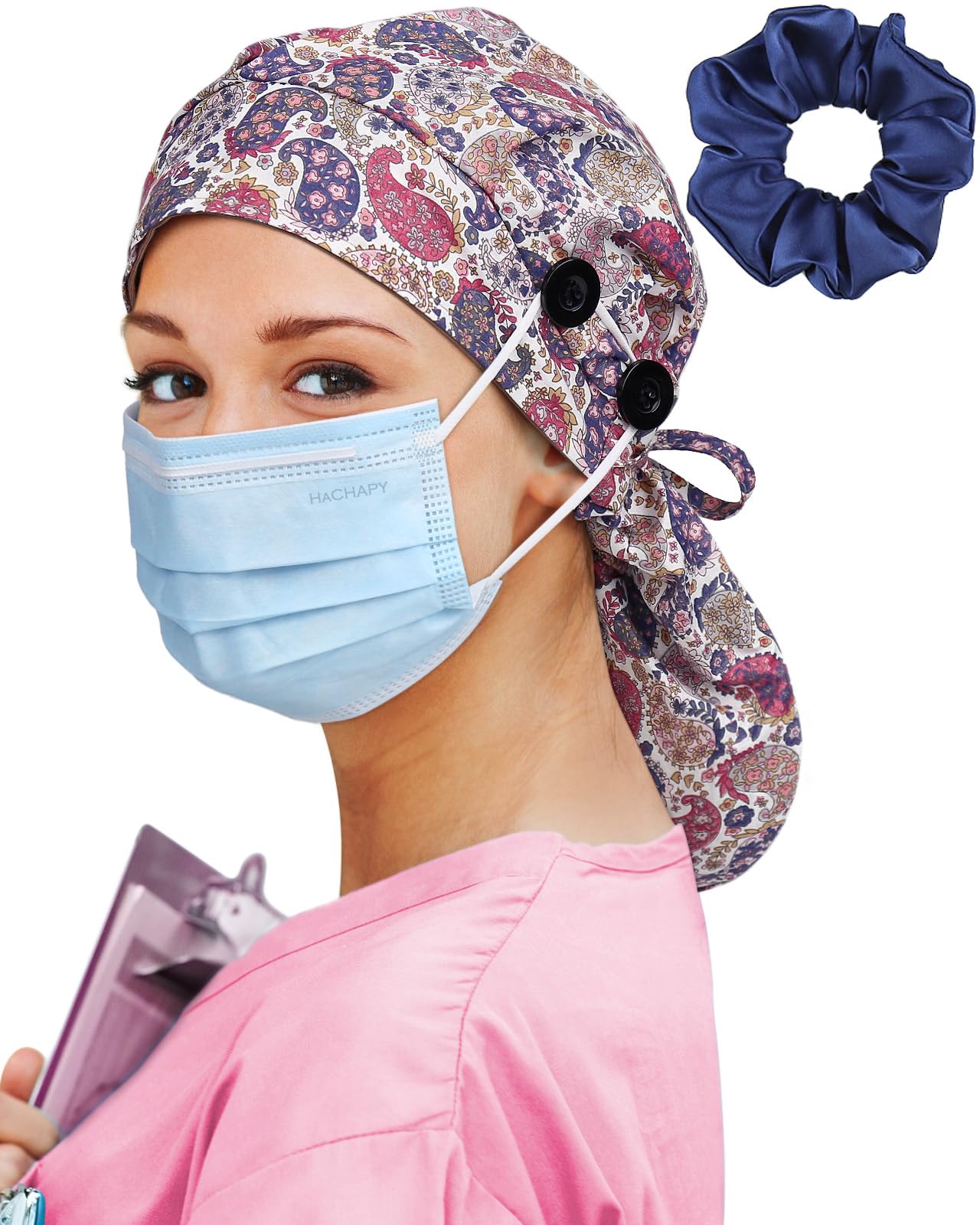 Satin Lined Scrub Cap for Women Extra Large Long Hair Surgical Nurse Cap 4 Buttons