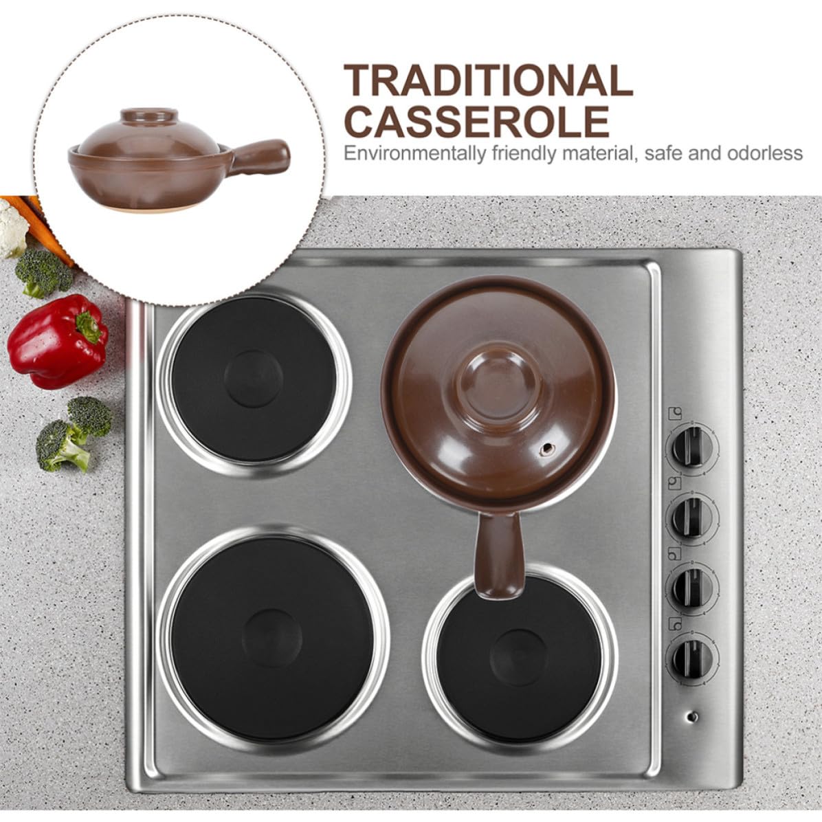 DECHOUS Cazuela de Barro Resistente a Altas Temperaturas para Cocinar Doméstica de 950ml Asa Lateral y Tapa Ventilación para Uso en Casa o Tienda de Alimentos