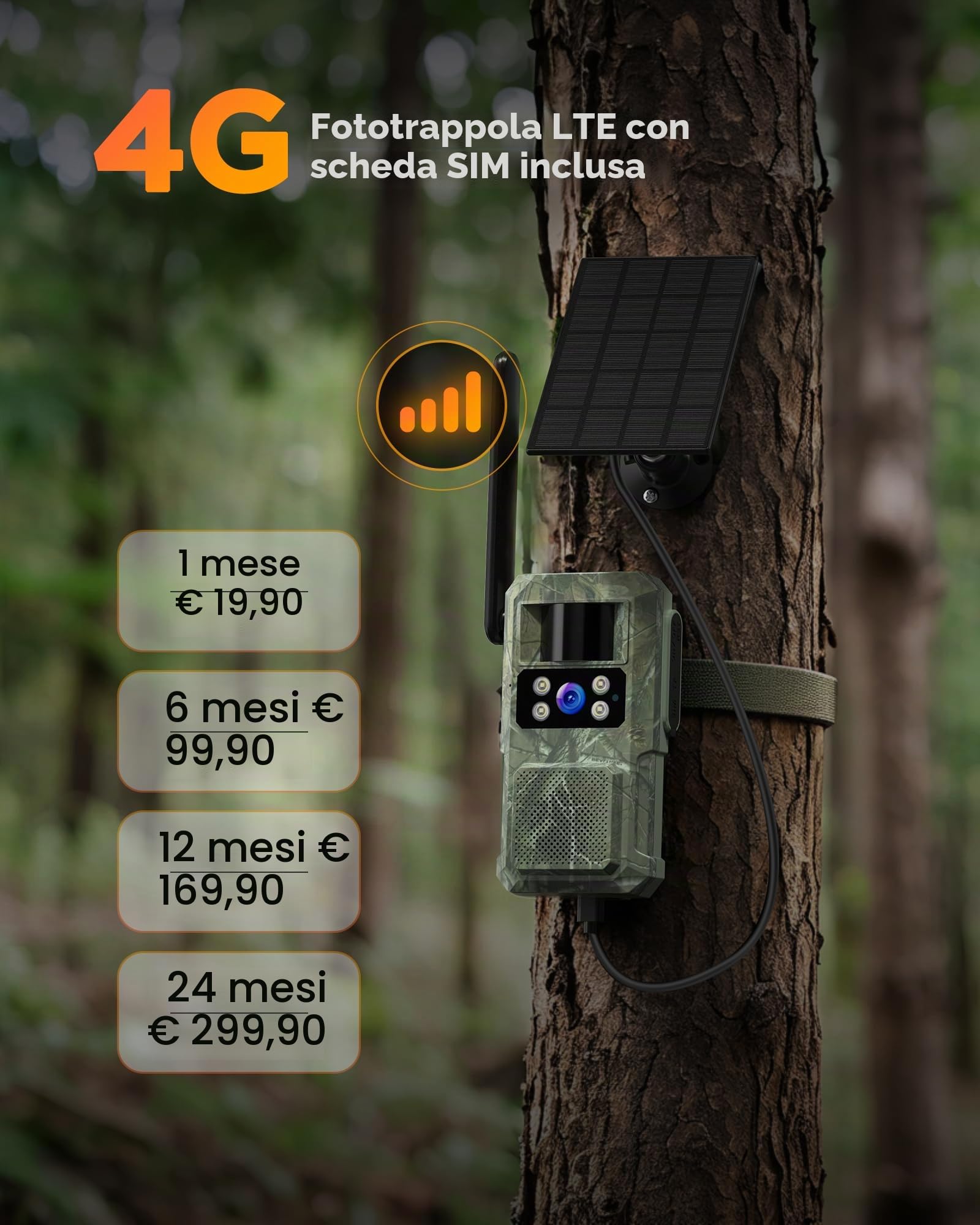 BECAMSO 4G LTE Telecamera Esterno Solare Fototrappola: 2.7K HD Fotocamera Visione Notturna Colori - Telecamere Esterno Impermeabilità IP66 Batteria 8000mAh con Sim