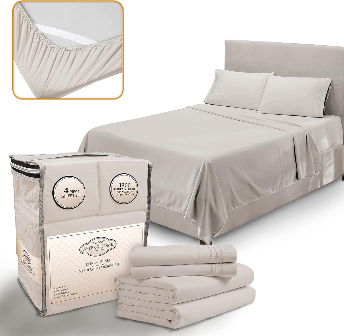 Abeero Home King Size Sheets Set with Elastic Corner Straps - 4pcs Beige | Luxury Hotel Bed Sheets Set Cooling - Soft Sheet with Deep Pocket Microfiber - Bedding Sheets & Pillowcases - King Bedsheets