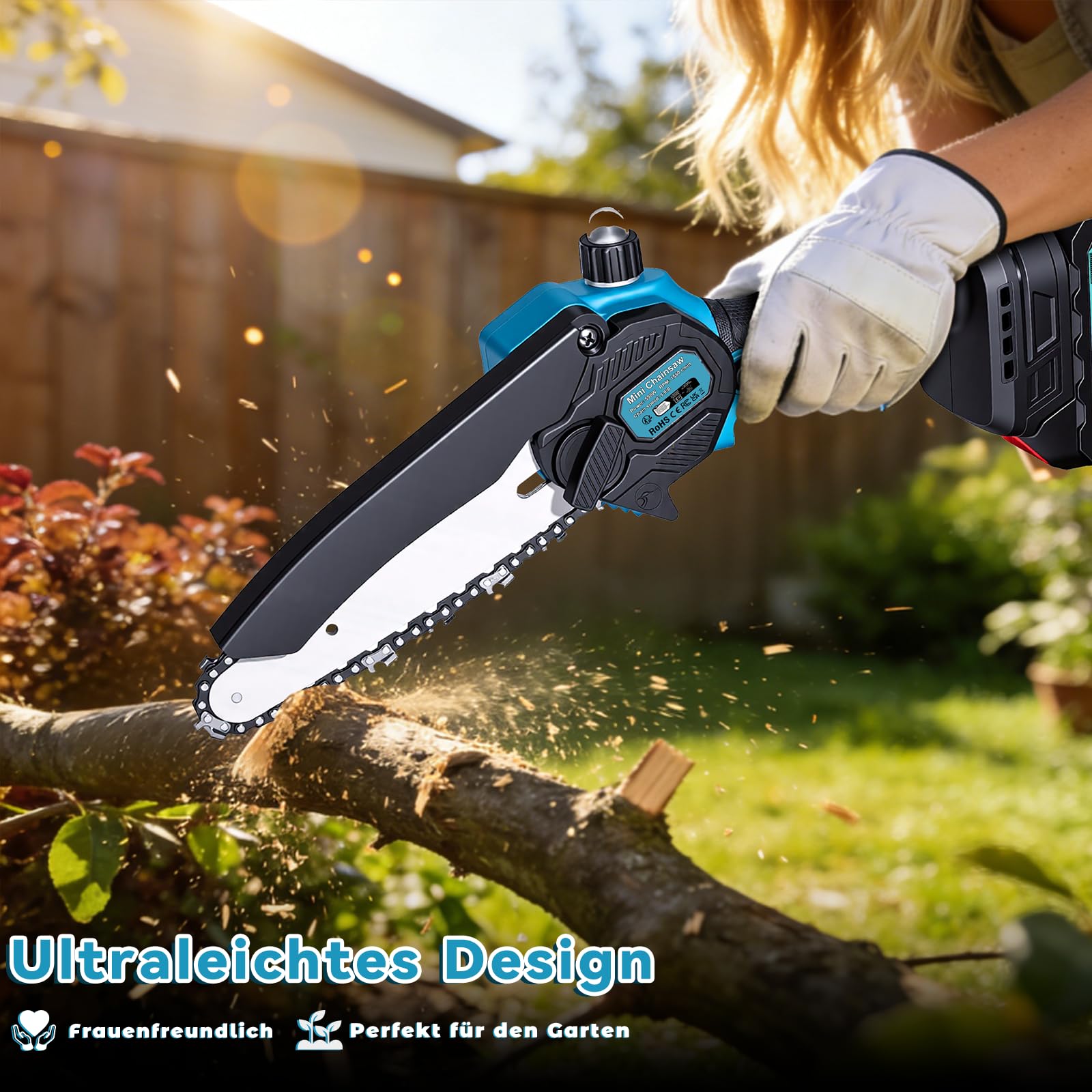 Mini Kettensäge mit Akku 4000mAh, 6 Zoll Akku kettensäge, Elektro kettensäge mit 2 Akku 2000mAh und Automatischer Öler, Handkettensäge Akku für Gartenscheren Astschere Holzschneidenz
