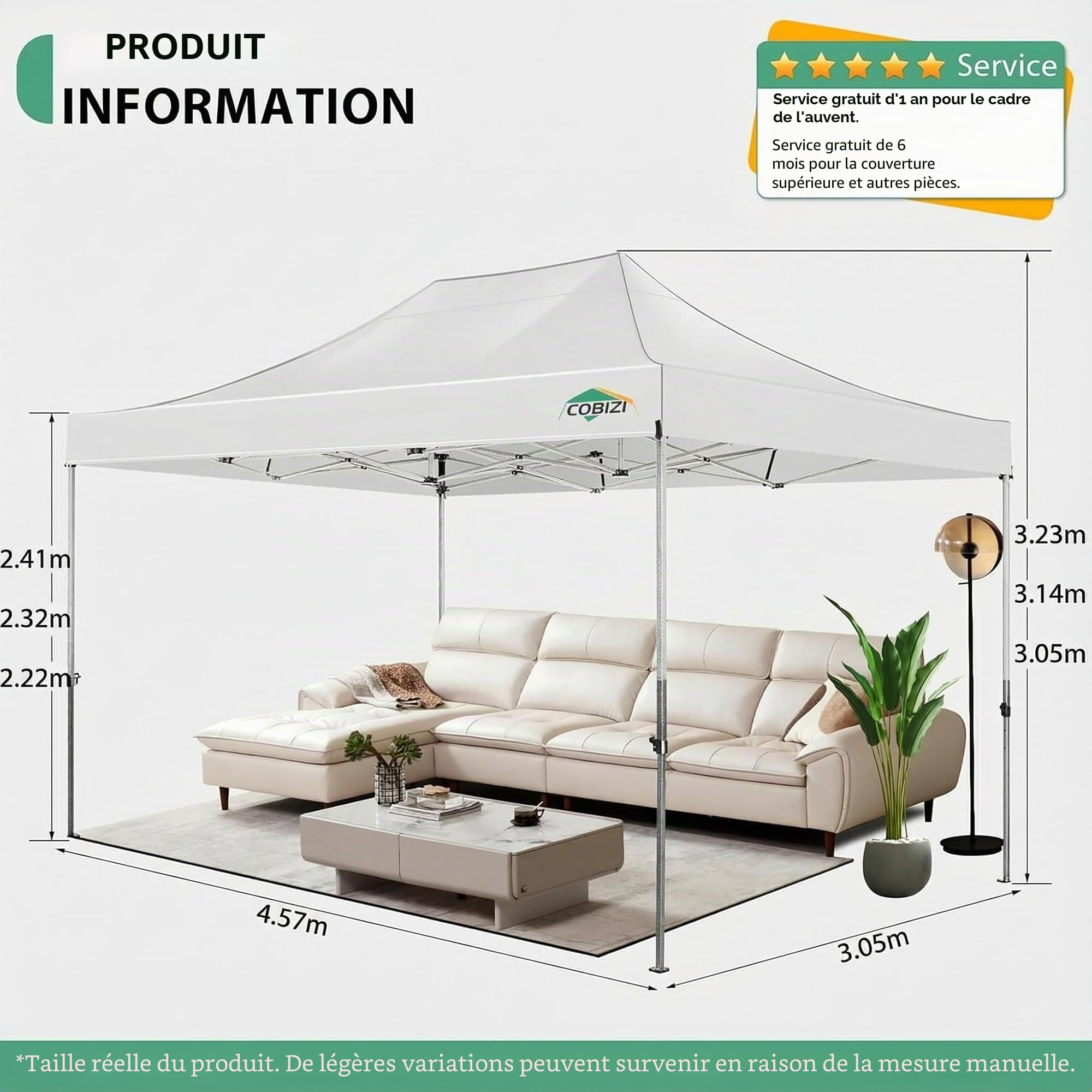 COBIZI Tonnelle Pliante 3x4.5 avec 4 Panneaux Latéraux, étanche, Stable, Pliable, Extérieur, Protection UV 50+, Blanc