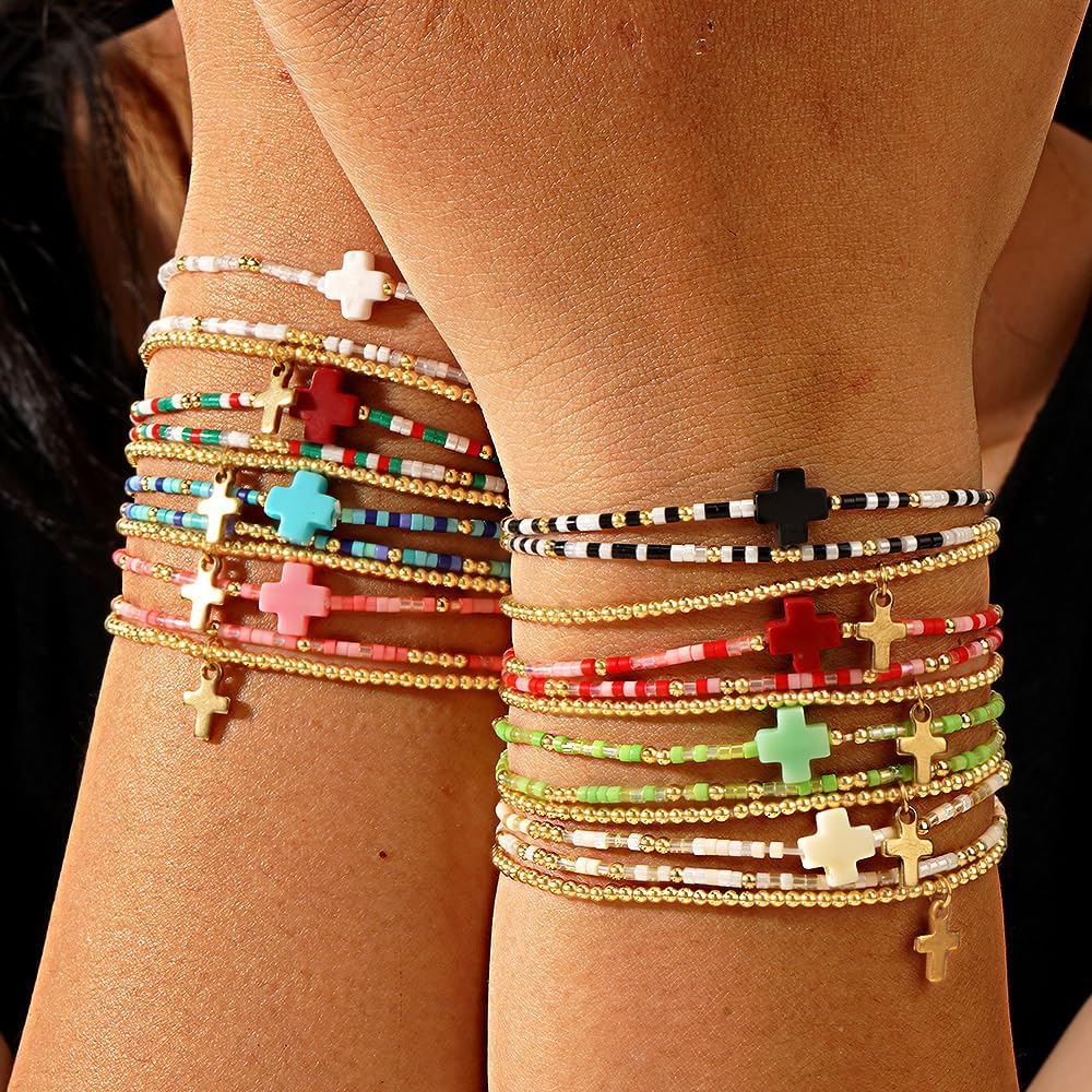 Dainty 14k Gold Plated Cross Colorful Beaded Stack Bracelets Sets for Women,3Pcs Stackable Cute Christian Stretch Christmas Trendy Jewelry Friendship Gift - Image 2