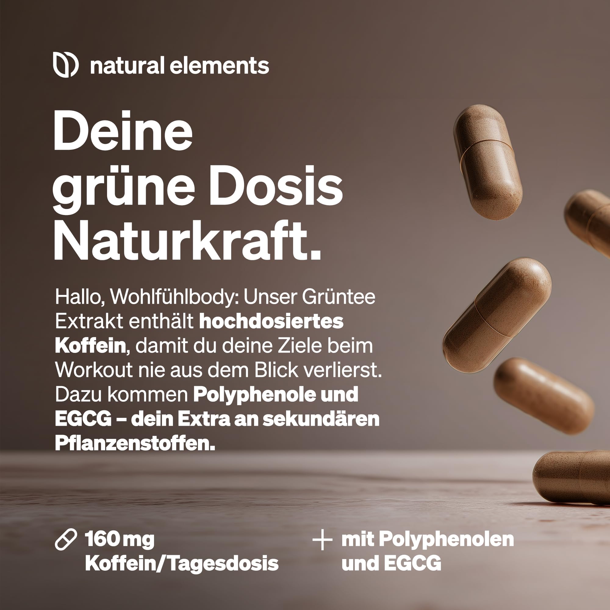 natural elements Grüntee Extrakt – 180 Kapseln – 1998 mg Grüntee Extrakt pro Tagesdosis – mit EGCG und Polyphenolen – vegan, hochdosiert, ohne unnötige Zusätze – laborgeprüfte Qualität