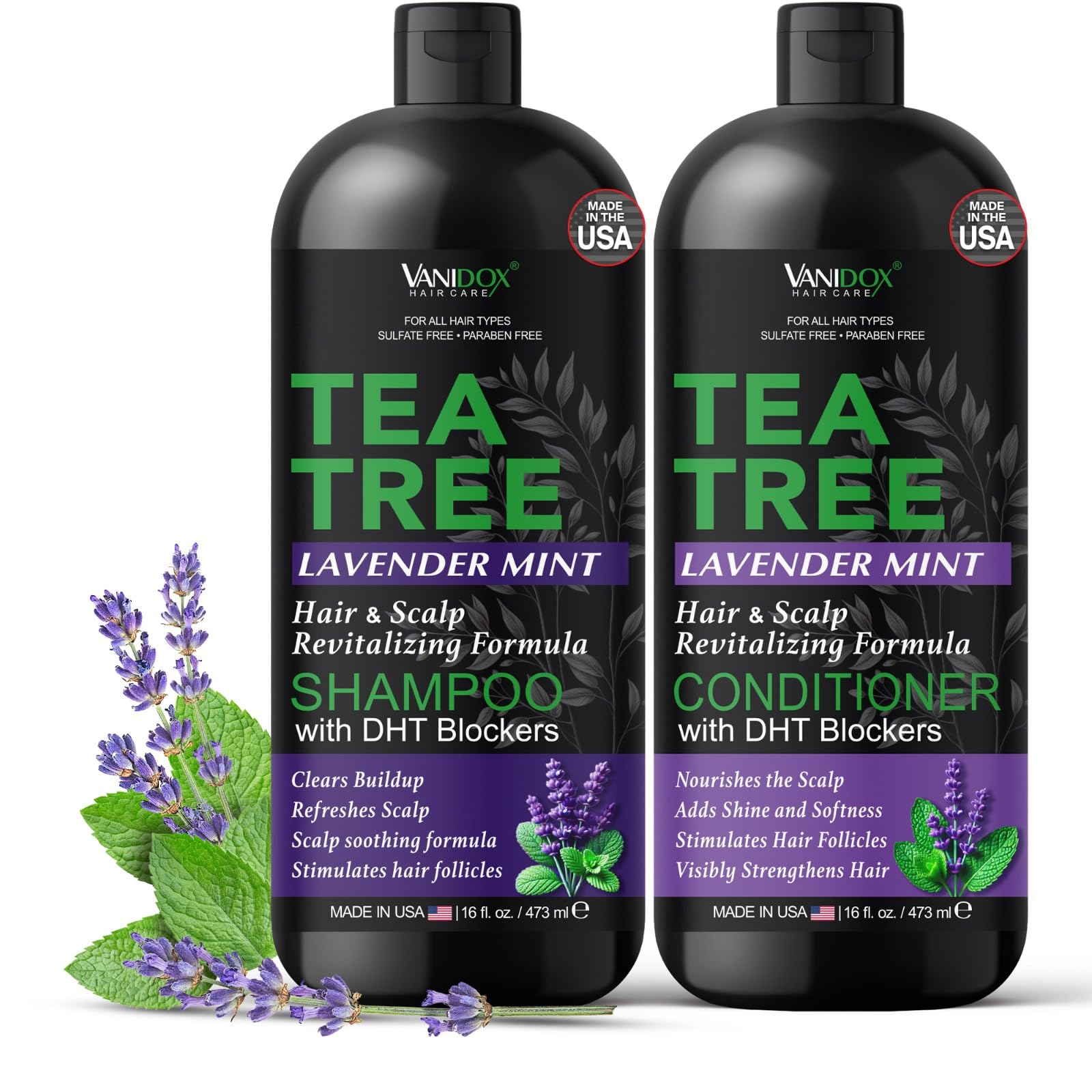 Tea Tree Shampoo and Conditioner Set with Lavender and Mint | DHT Blockers | With 100% Pure Tea Tree Oil for Itchy, Dry Scalp | Sulfate & Paraben Free | For Men & Women | 16 fl oz Each