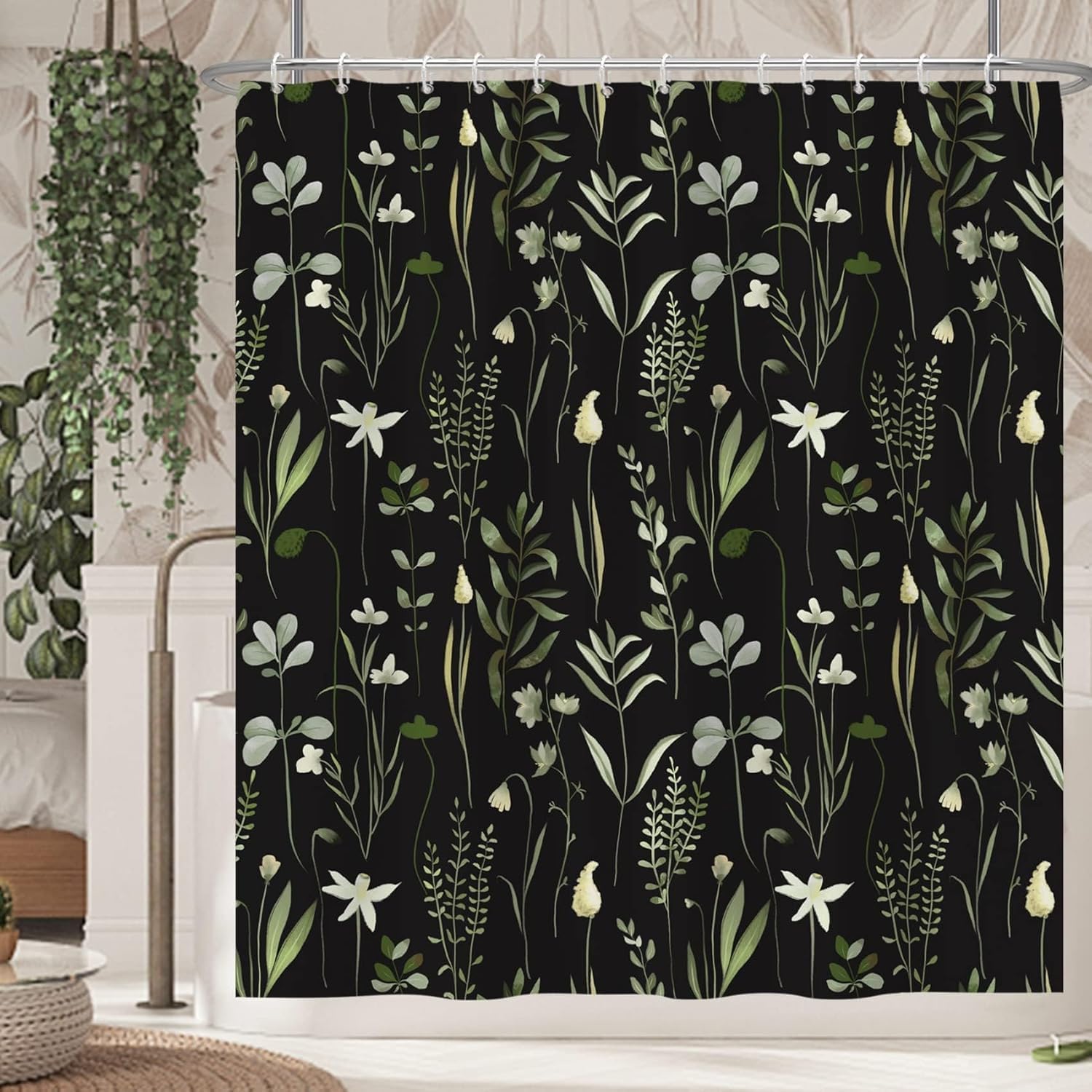 Herbaceous Plant Shower Curtain, Green Plants Herb Floral Bathroom Curtain, Black Botanical Shower Curtain Set with 12 Hooks for Bathroom, 72Wx72L inch