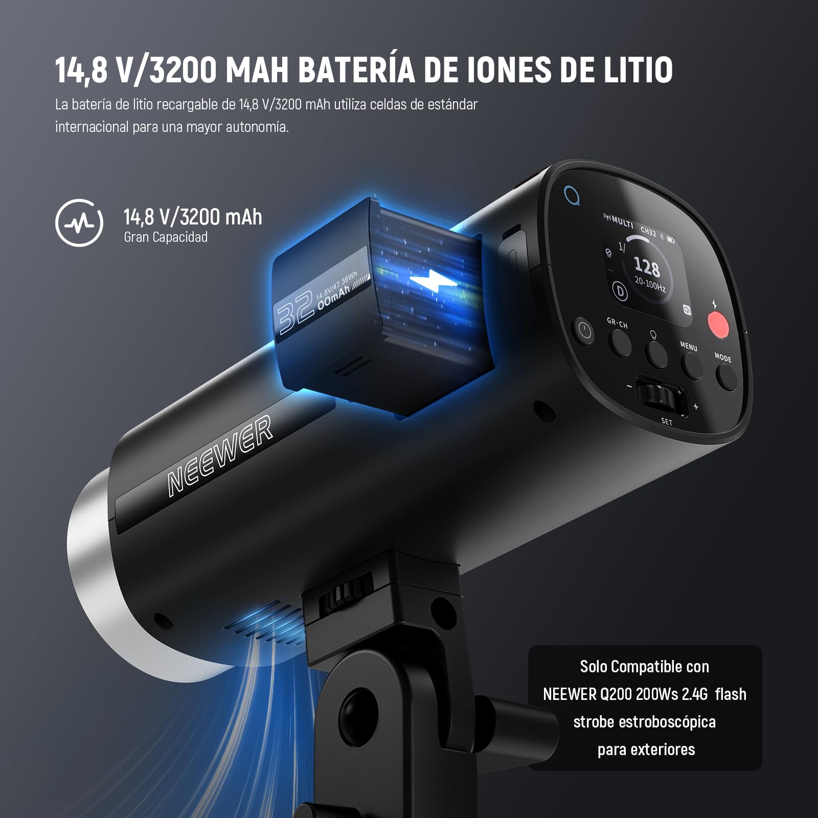NEEWER Q200 Batería Rpuesto, Paquete de 14,8V/3200mAh Batería Iones Litio Recargable Solamente Q200 Luz Estroboscópica Flash Exterior para Fotografía Exterior, NB-Q200