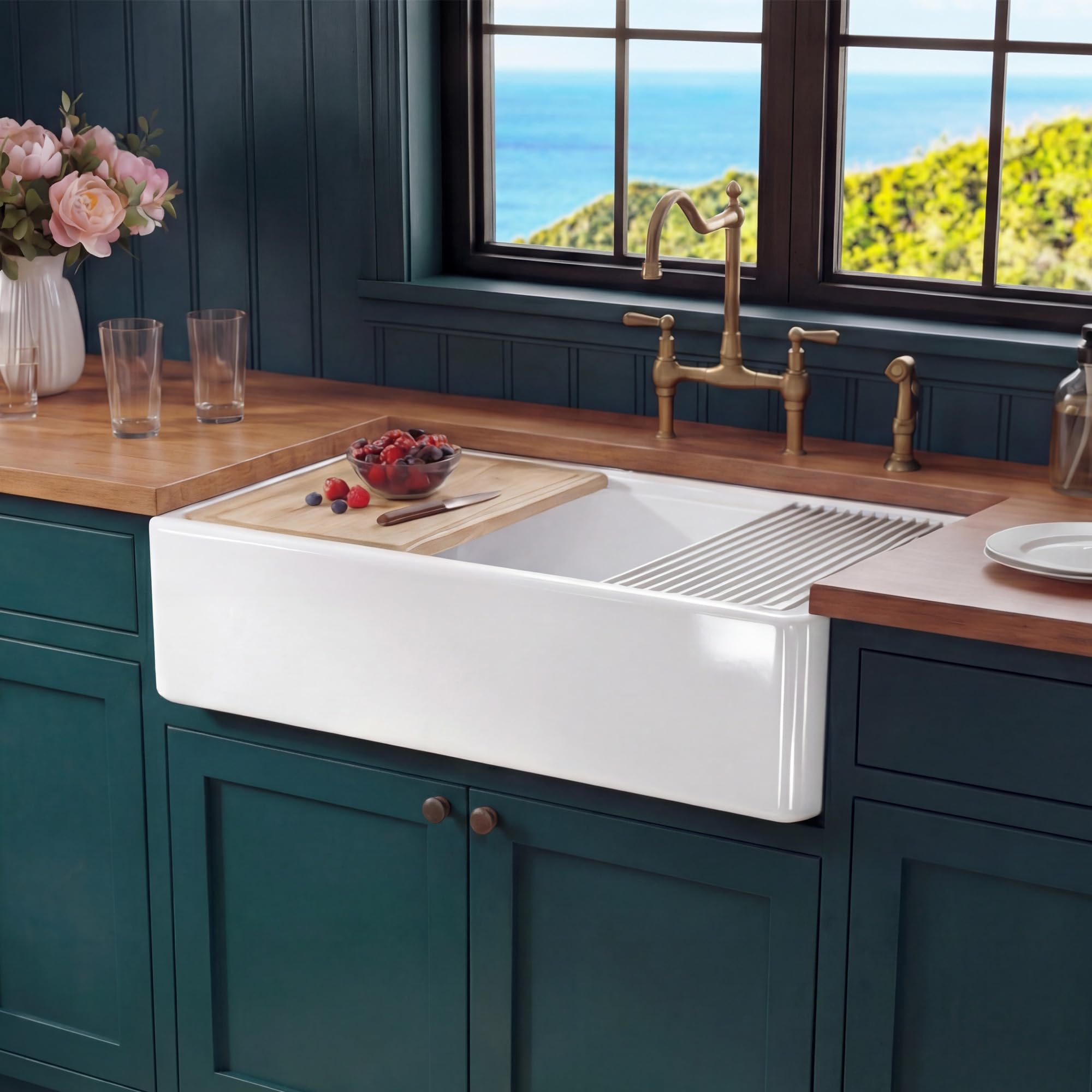 Miuara White Farmhouse Workstation Sink 33 Inch - Heavy Duty