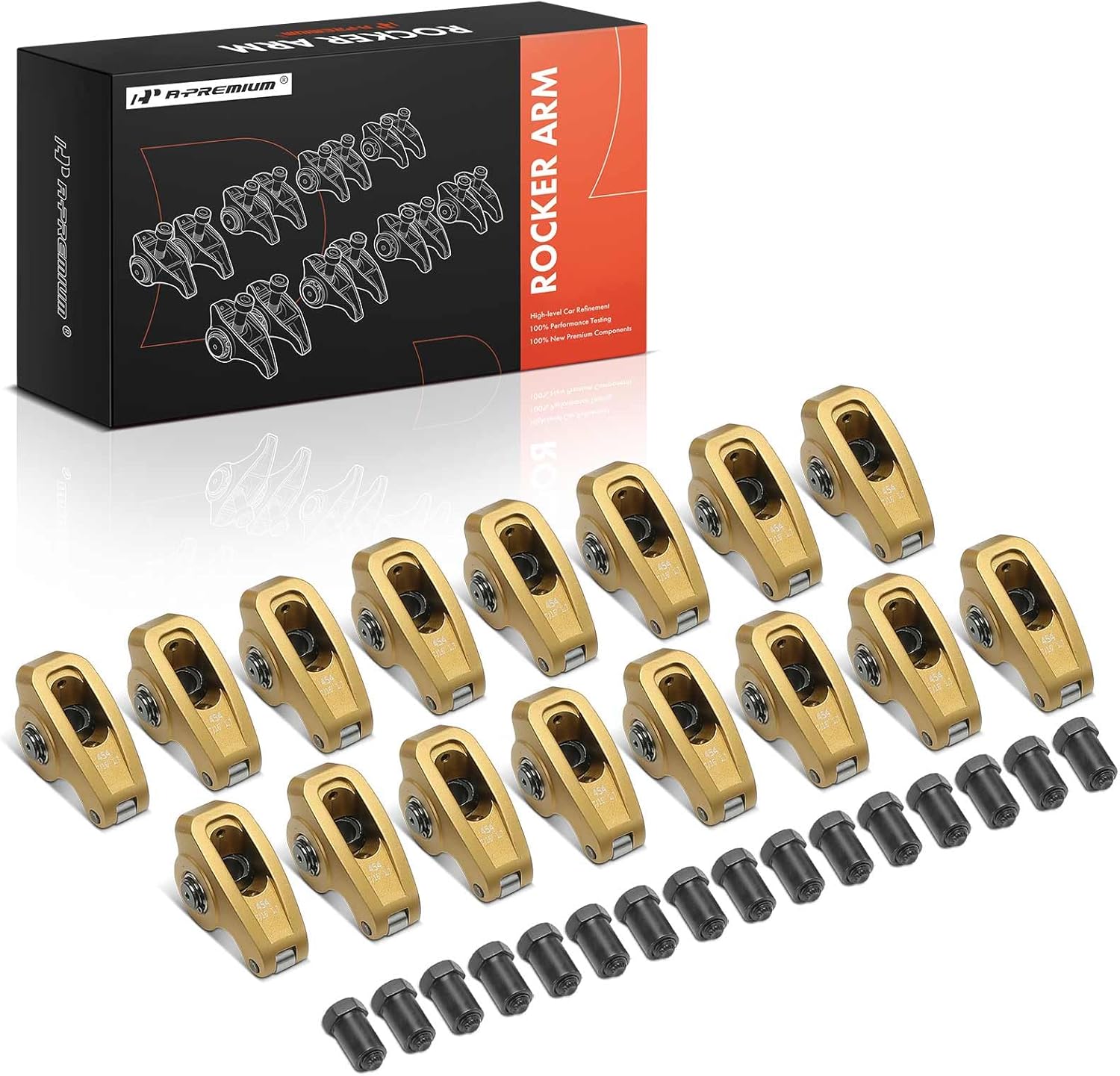 A-Premium 16Pcs Gold Aluminum Engine Roller Rocker Arms with Needle Bearings Compatible with Chevy BBC 454, 1.7 Ratio, 7/16" Studs