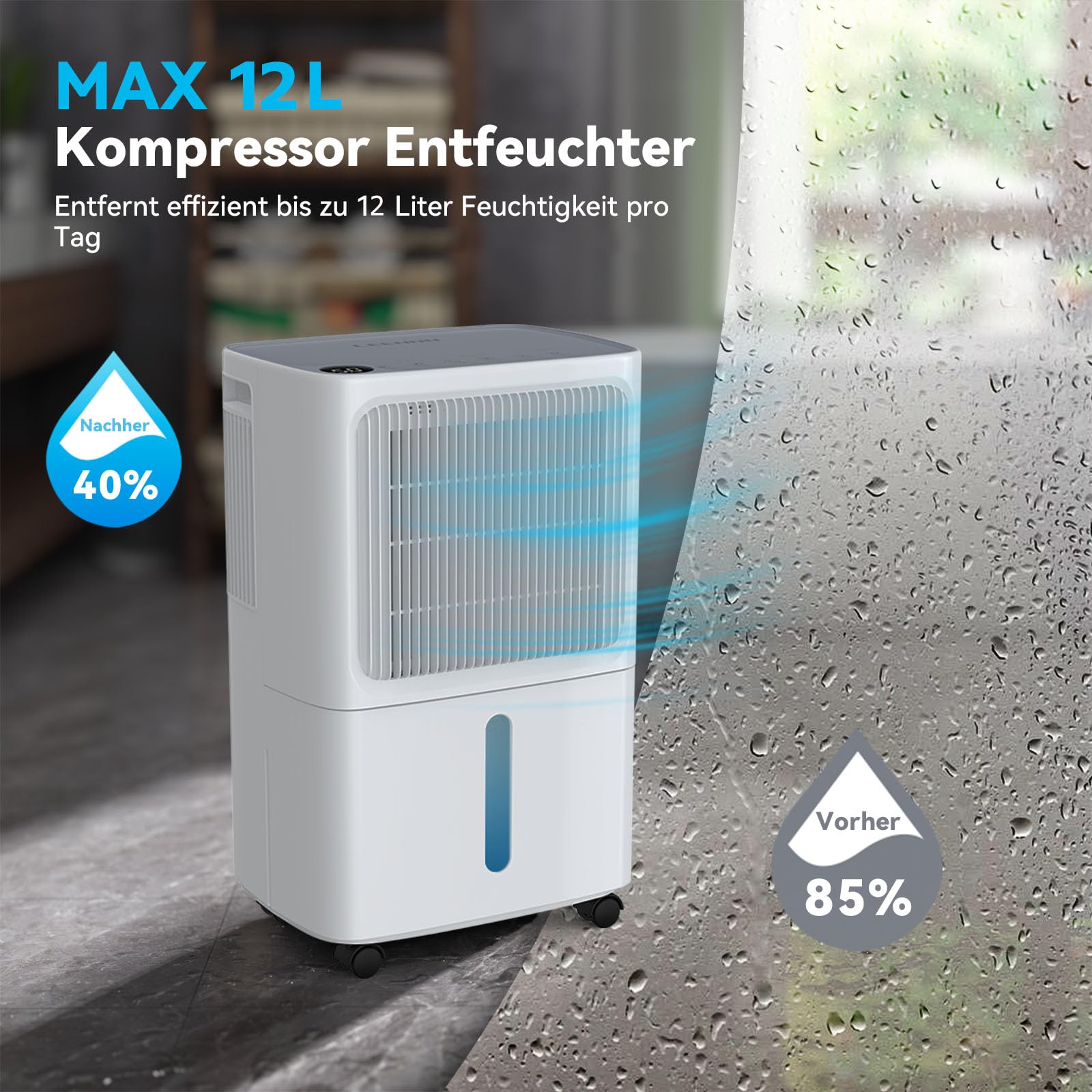 LEENON Luftentfeuchter Elektrisch 12L Entfeuchter Keller Leise Raumentfeuchter with Schlafmodus 24H Timer Wäschetrocknung Ablaufschlauch, Auto-Neustart Dehumidifier 30m² für Wohnung Badezimmer