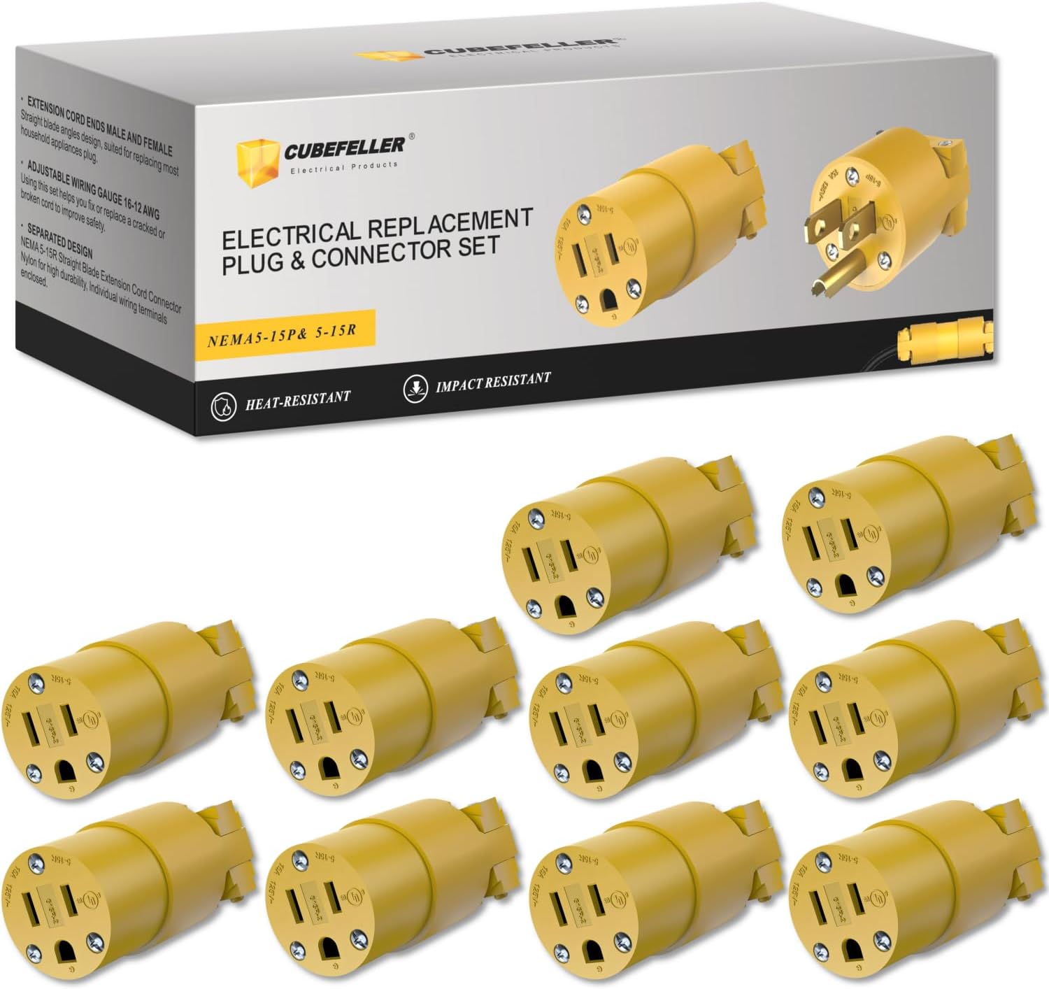 CUBEFELLER® Extension Cord Ends Female Kit, Replacement Connector, 3 Prong, 15Amp, 125Volt, NEMA 5-15R, UL Listed, 10pcs,ER0110R(Yellow)